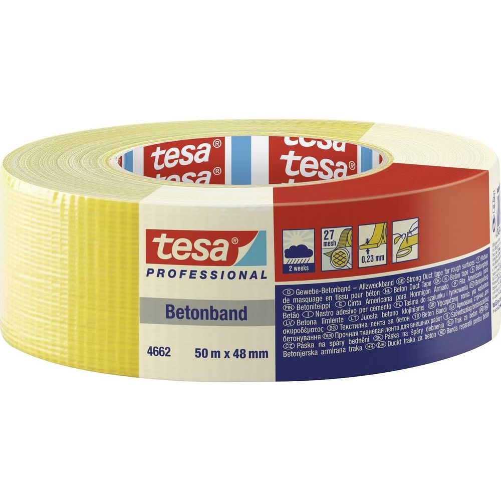 Eine Rolle gelbes Tesa Betonband mit Produktinformationen und Aufdrucken.