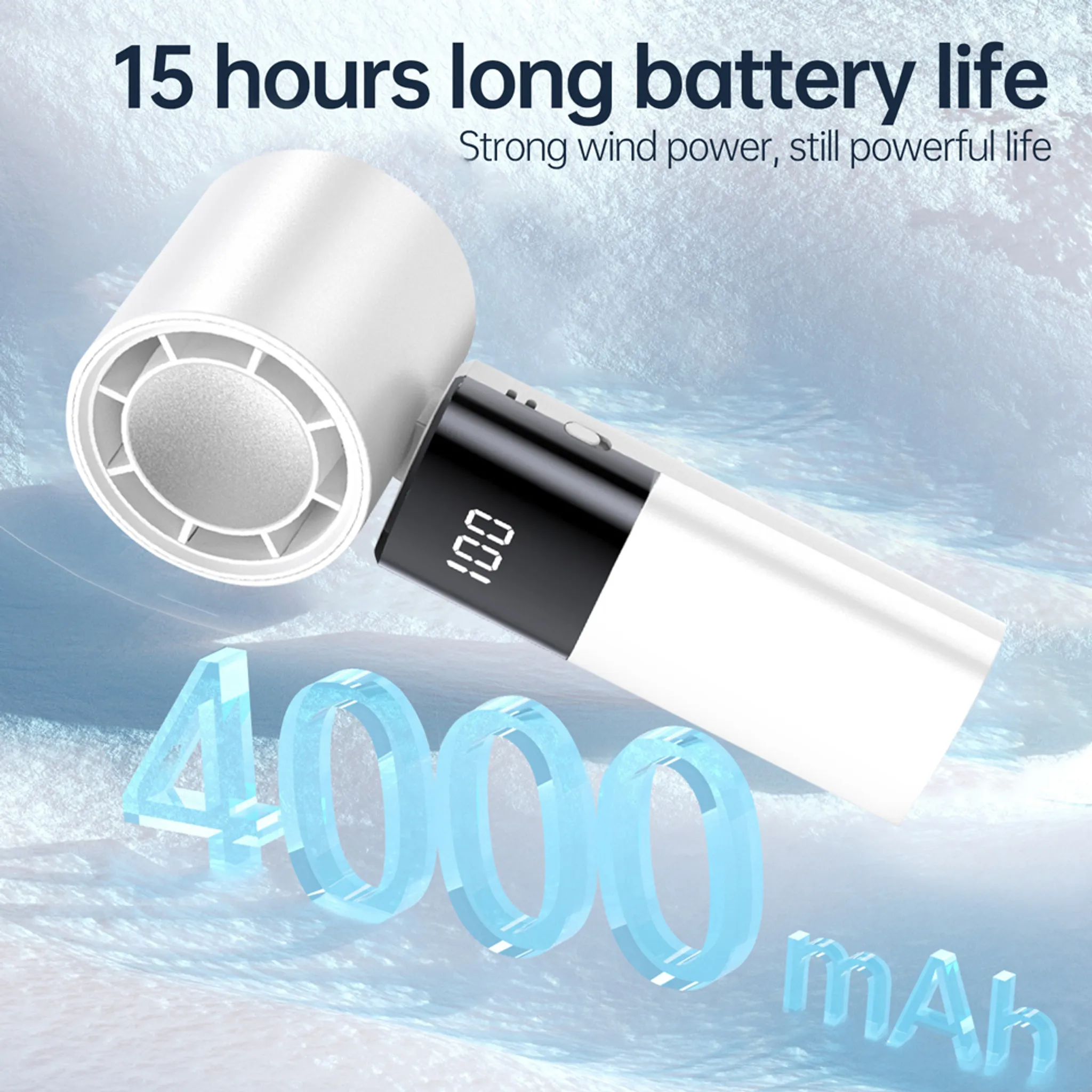 Weißes Gerät mit 100 % Akku, 15 Std. Laufzeit, 4000 mAh. Schnee-Hintergrund.