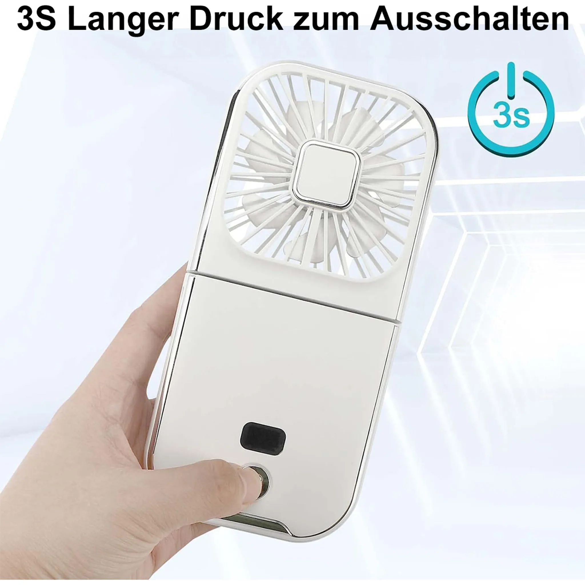 Weiße Hand hält einen weißen Mini-Ventilator mit silbernen Akzenten.