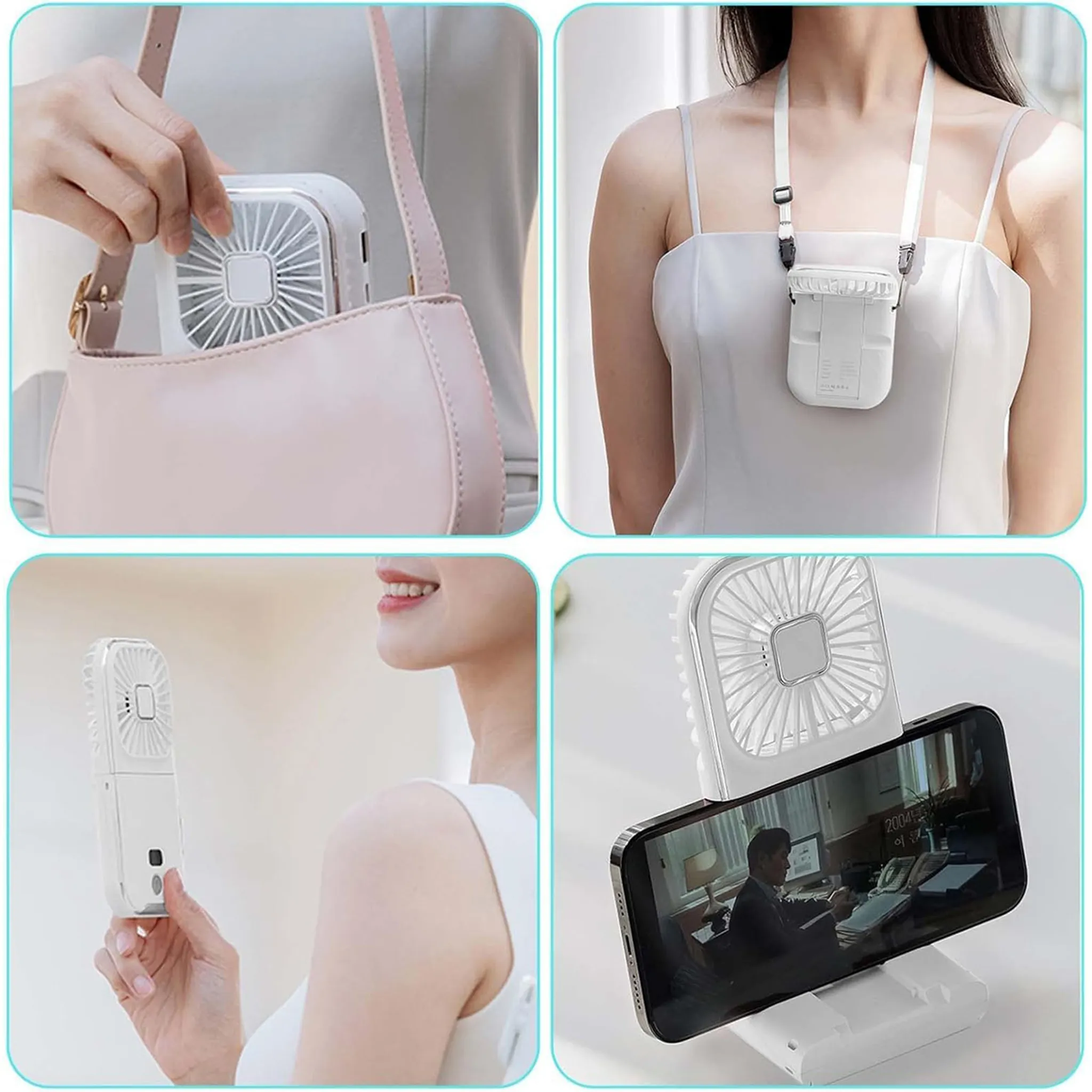 Ein tragbarer Ventilator wird in eine Tasche gesteckt, um den Hals getragen und als Handyhalterung verwendet.