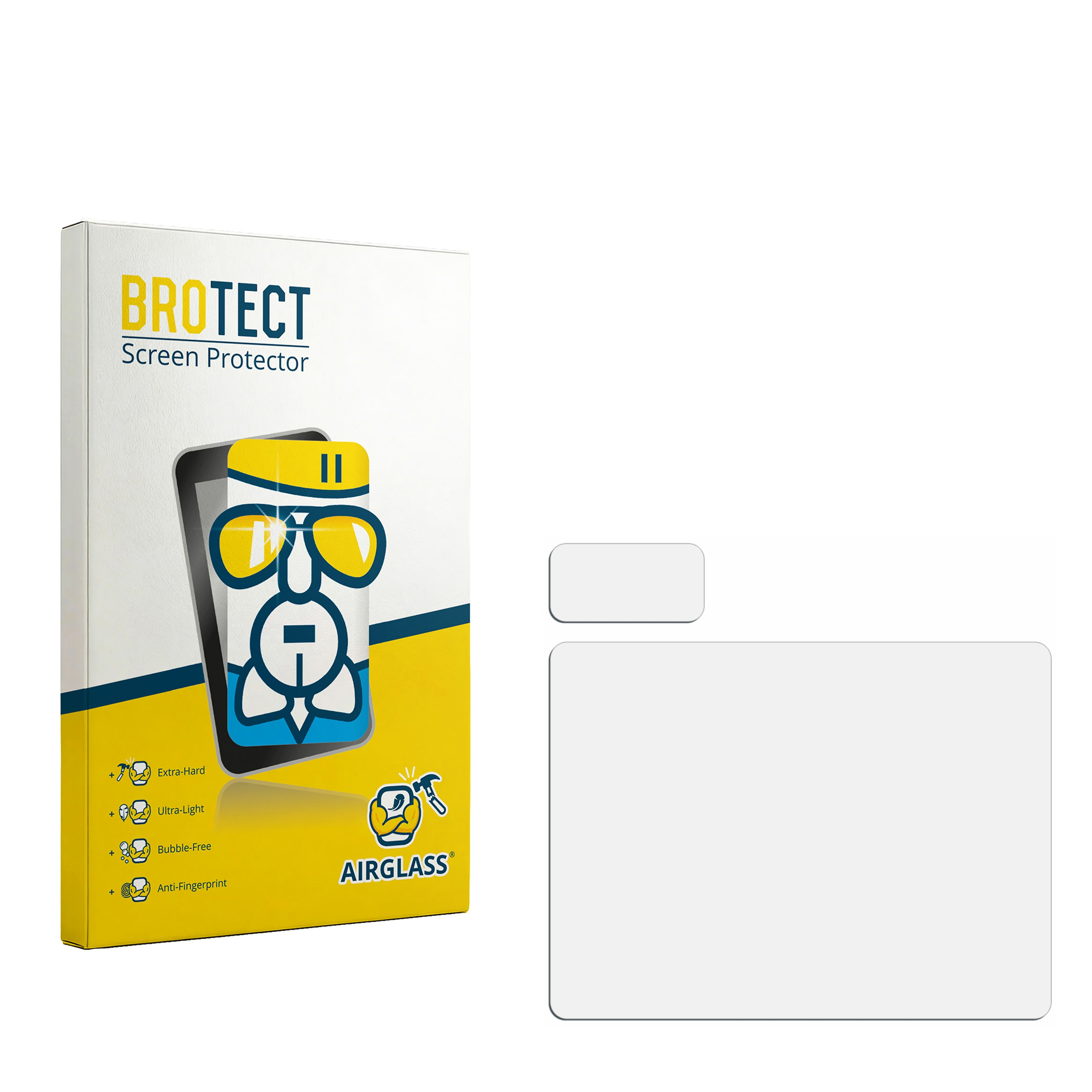BROTECT Screen Protector Box mit Symbolen und AIRGLASS Logo. Weißes Displayschutzblatt.