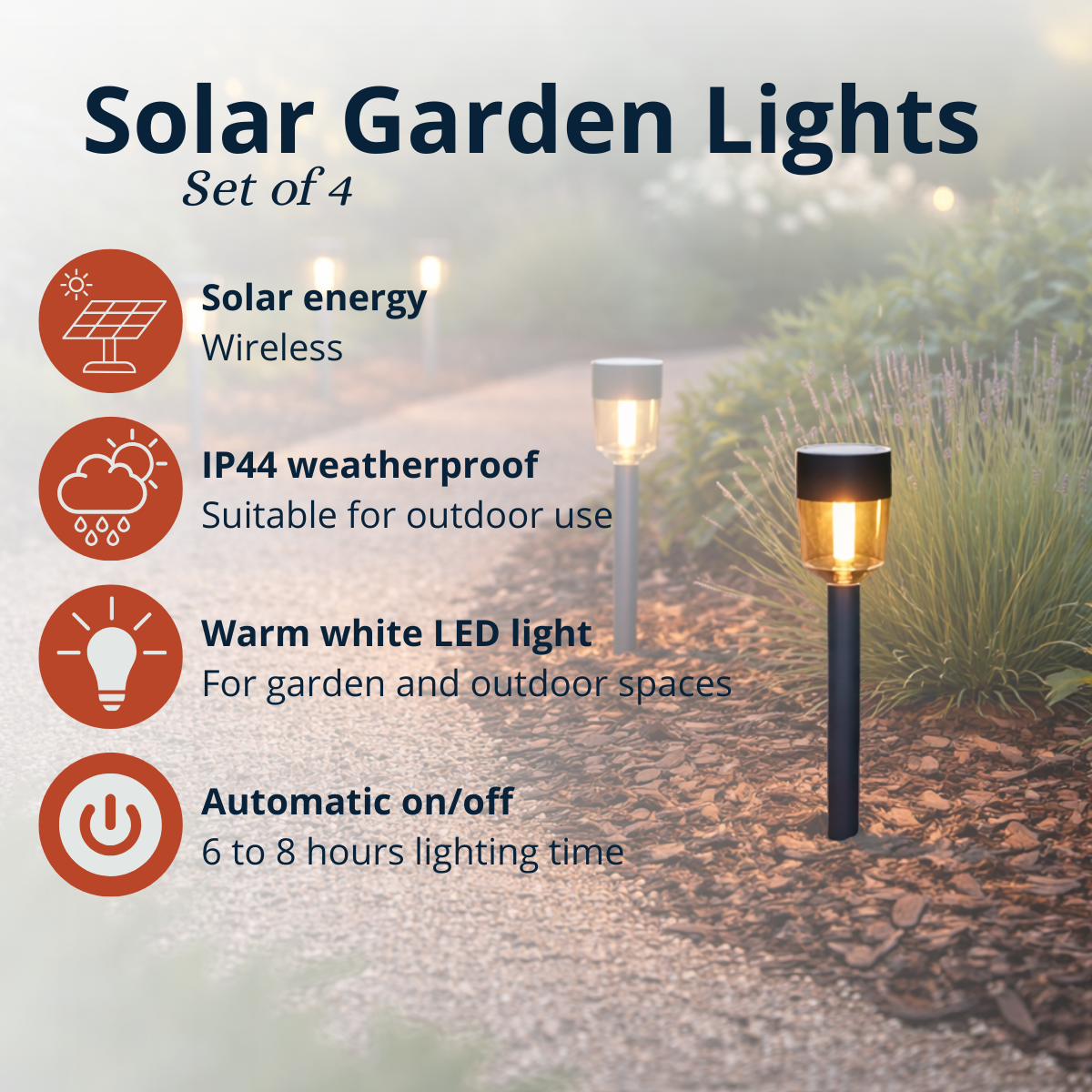 Solar garden lights set of 4: solar, weatherproof, warm white LED, auto on/off.