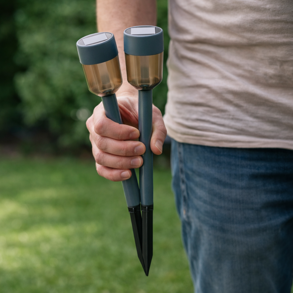 A person holds two gray and brown solar-powered garden lights with pointed black stakes, standing in a green garden.