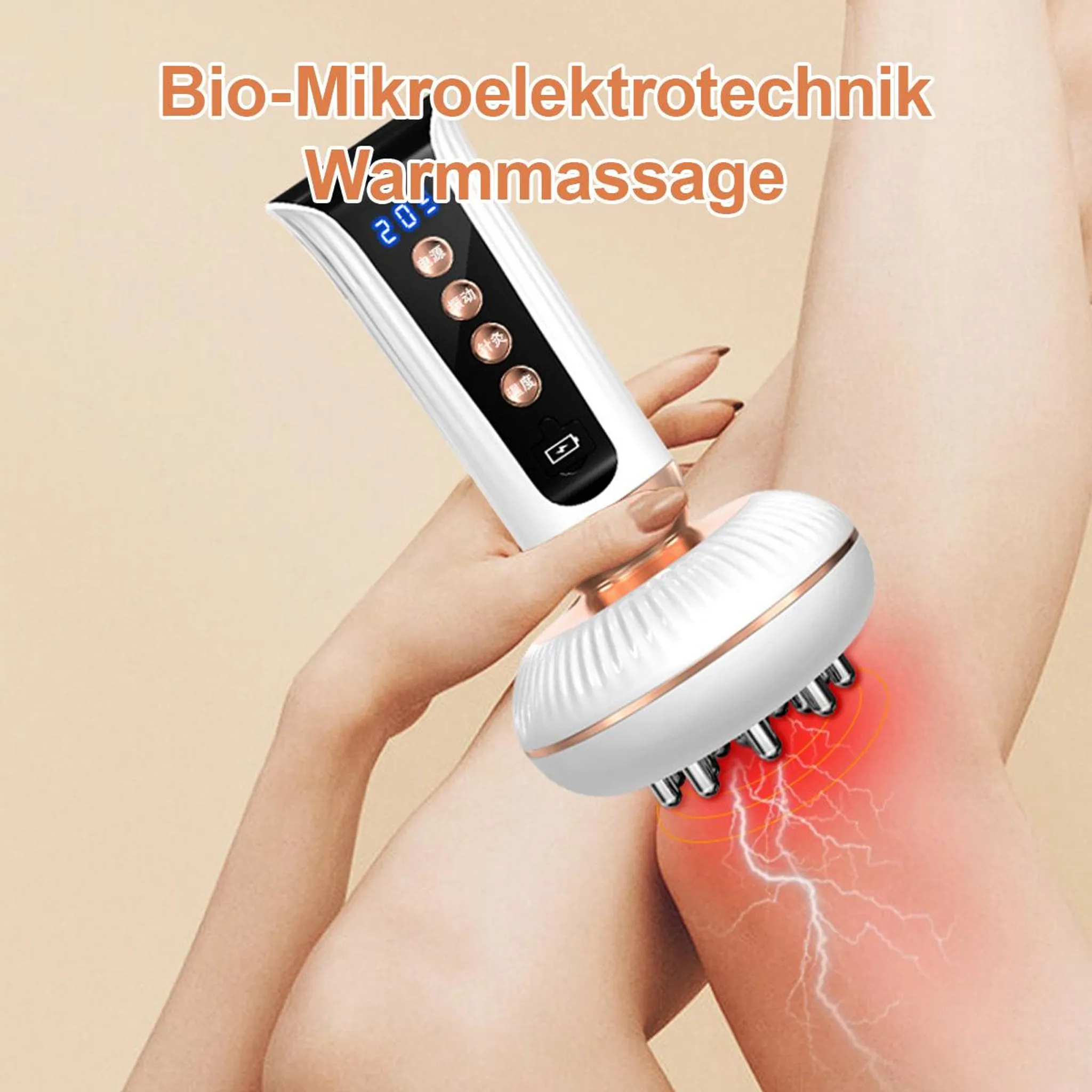 Ein weißes Massagegerät mit goldenen Akzenten berührt eine Hautpartie mit rotem Glühen.