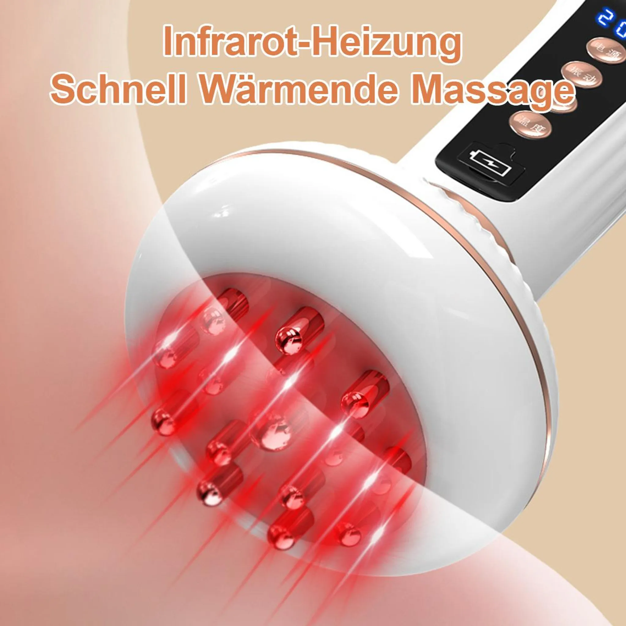 Ein weißes Massagegerät mit roten Infrarotlichtern und Bedienelementen.