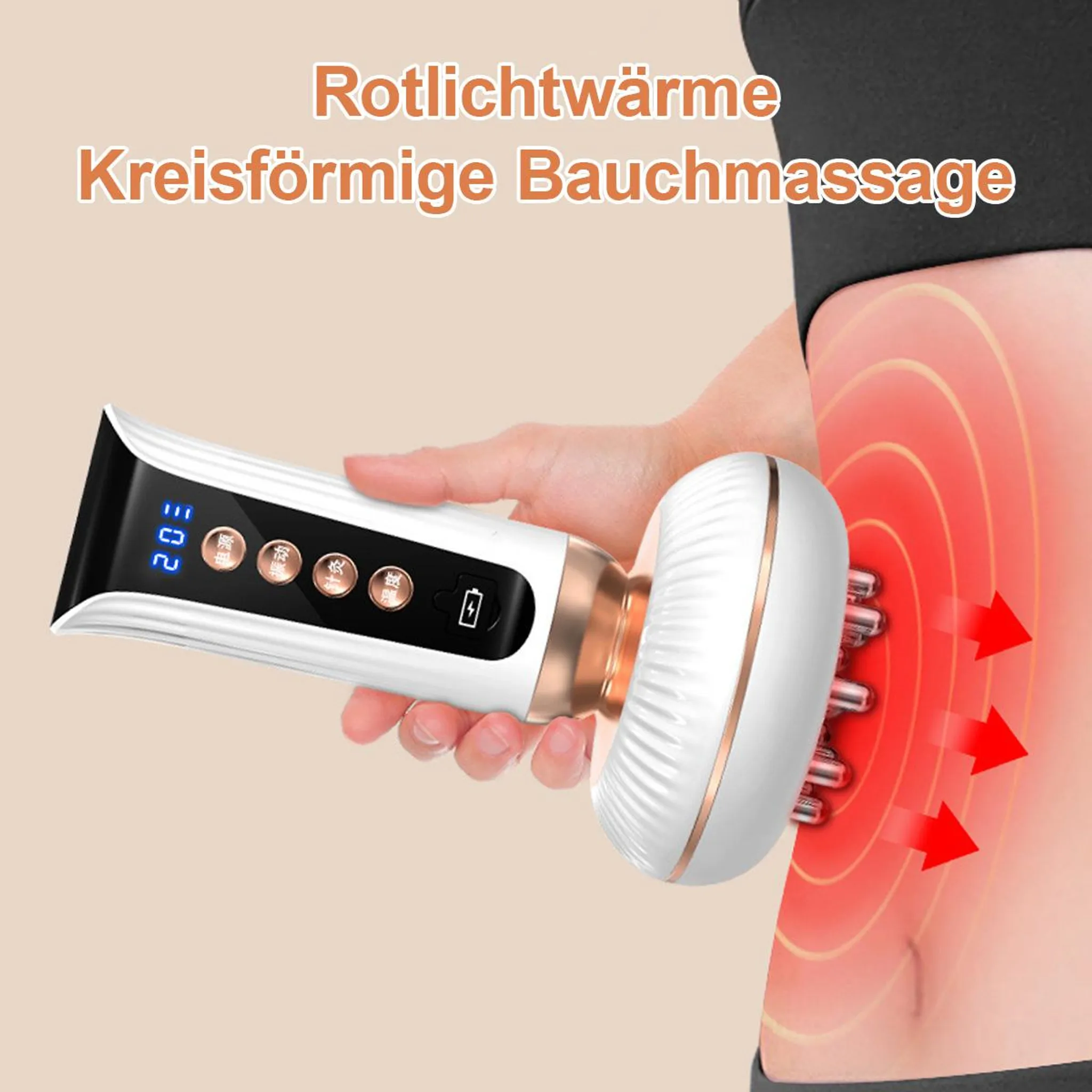 Eine Hand hält ein Massagegerät für den Bauch mit Rotlicht und Wärme.