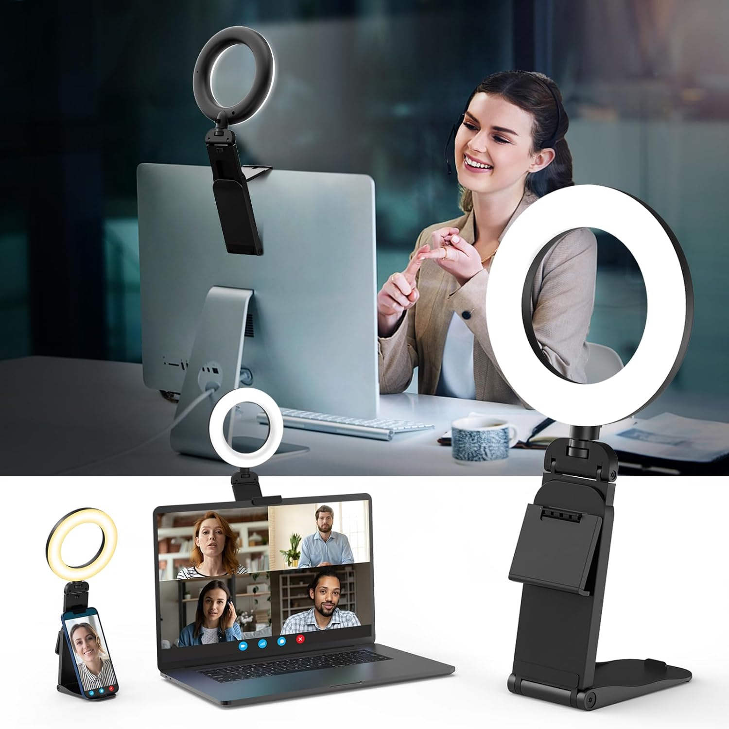 Ringlicht für Videoanrufe auf einem Laptop, Smartphone und Computer.