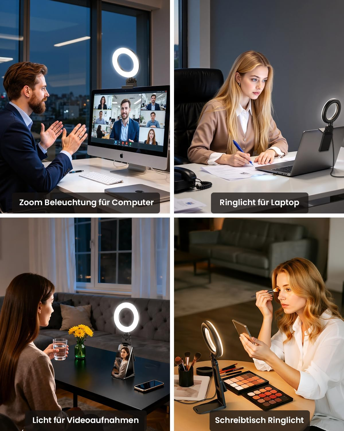 Vier Szenen zeigen Ringlichter: für Zoom, Laptop, Video und Schreibtisch.