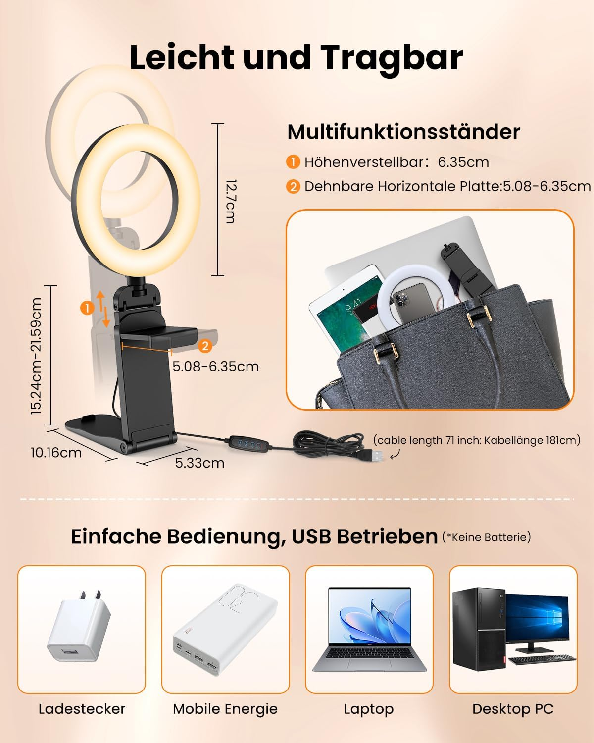 Ein Ringlicht-Ständer mit Maßen, Laptop, Handy, Tasche, Ladeadapter, Powerbank und PC.