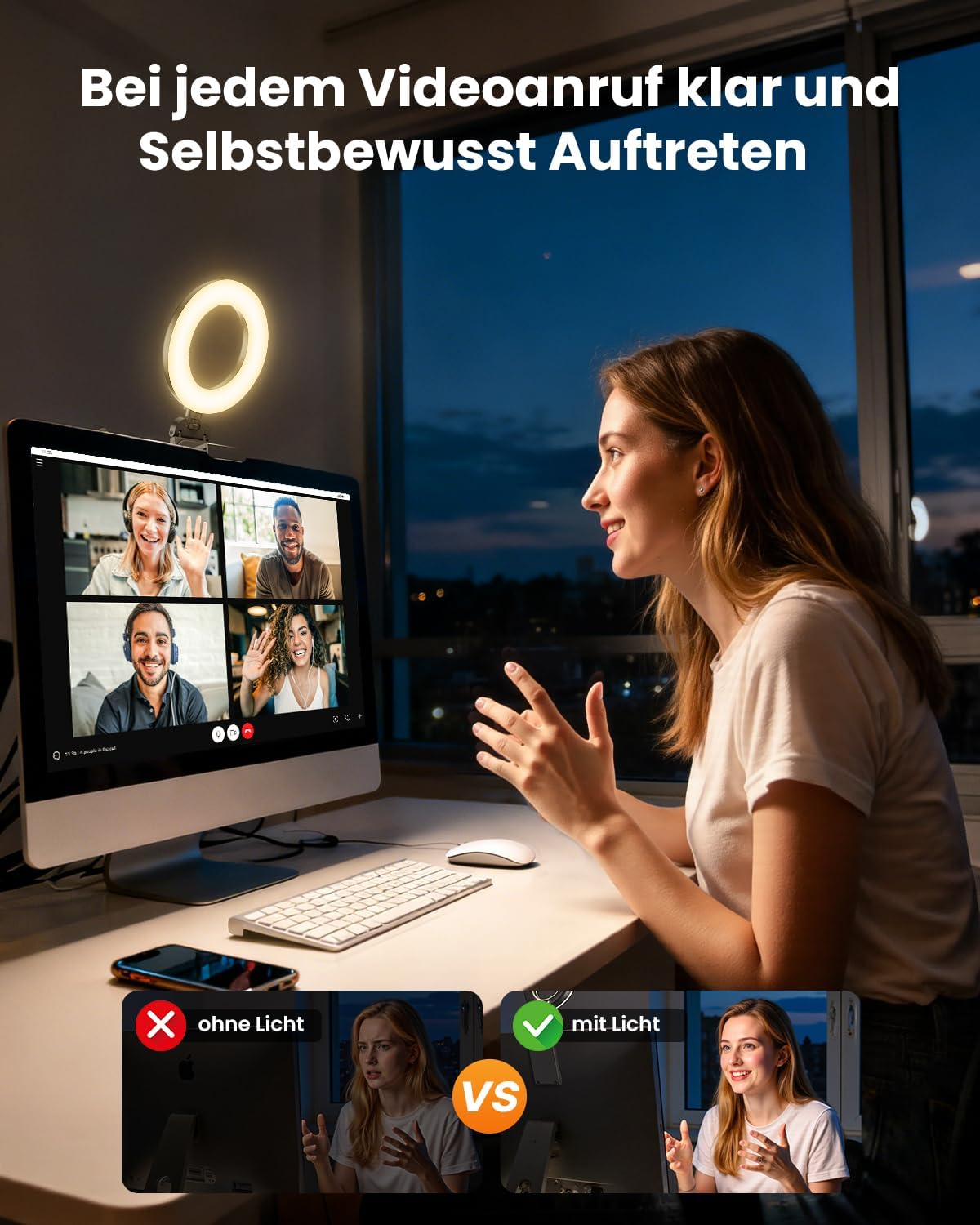 Eine Frau bei einem Videoanruf mit Ringlicht, das ihre Beleuchtung verbessert.