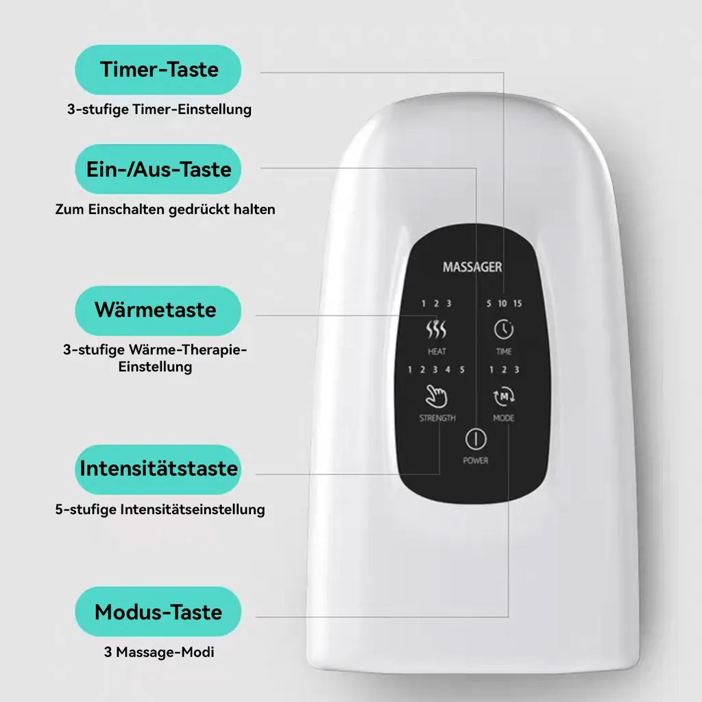 Ein weißes Massagegerät mit Bedienelementen für Timer, Hitze, Stärke und Modus.