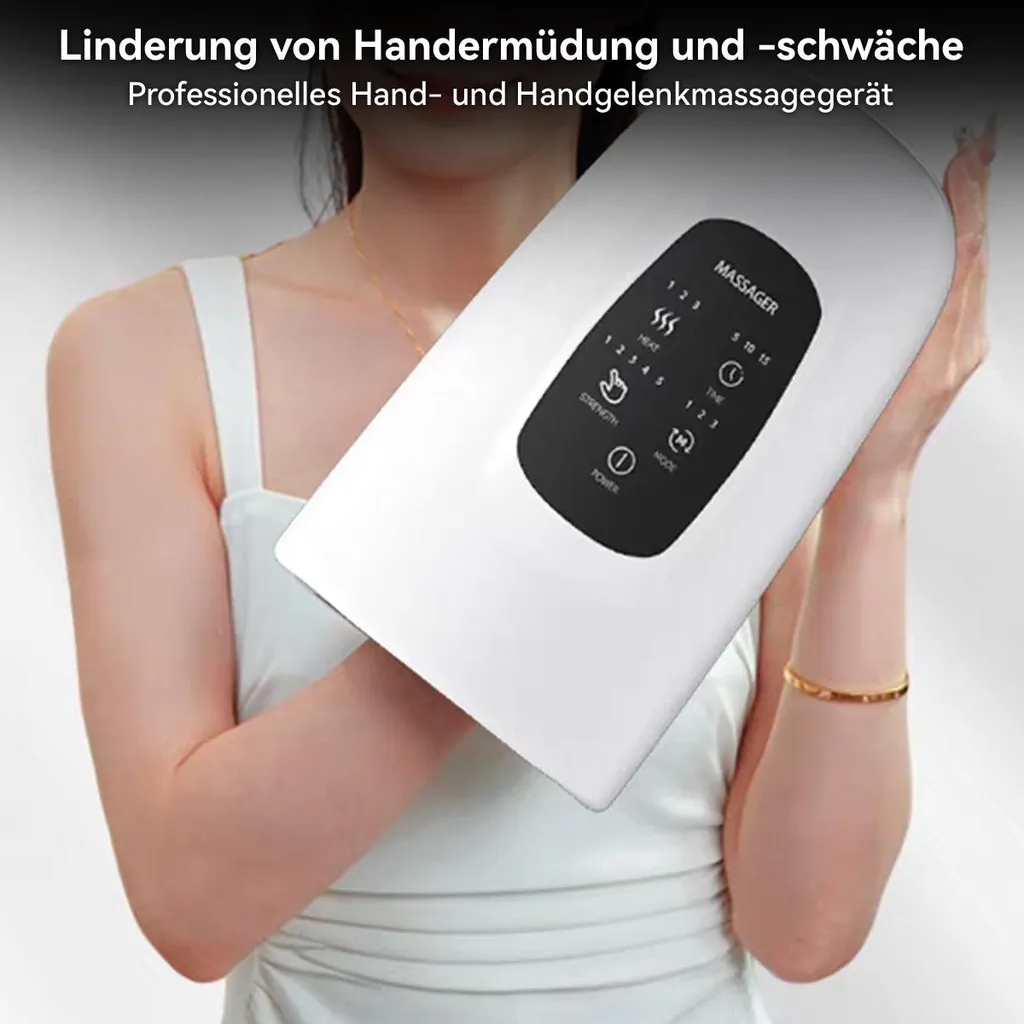 Eine Frau benutzt ein weißes Handmassagegerät mit Bedienfeld.