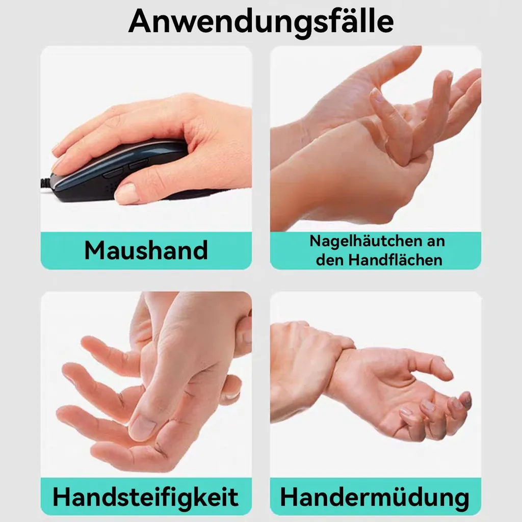 Vier Bilder zeigen Hände in verschiedenen Zuständen: Maushand, Nagelhäutchen, Handsteifigkeit, Handermüdung.