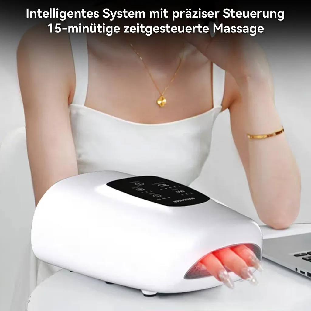 Eine Frau benutzt ein weißes Handmassagegerät mit roten Lichtern. Präzise Steuerung.