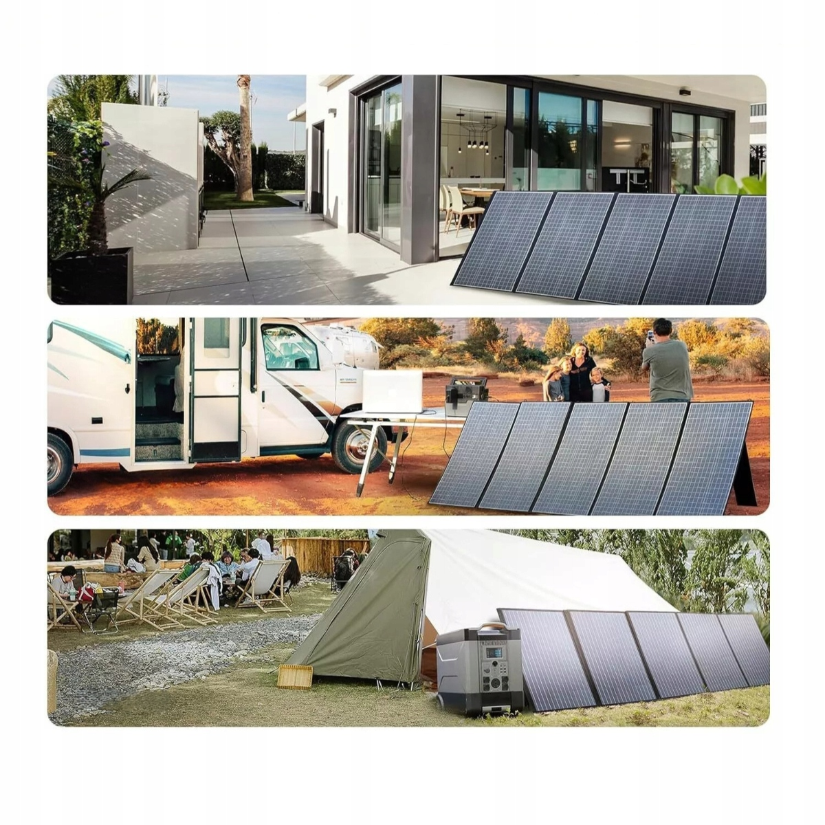 Panele słoneczne przed nowoczesnymi domami, kamperami i namiotami.