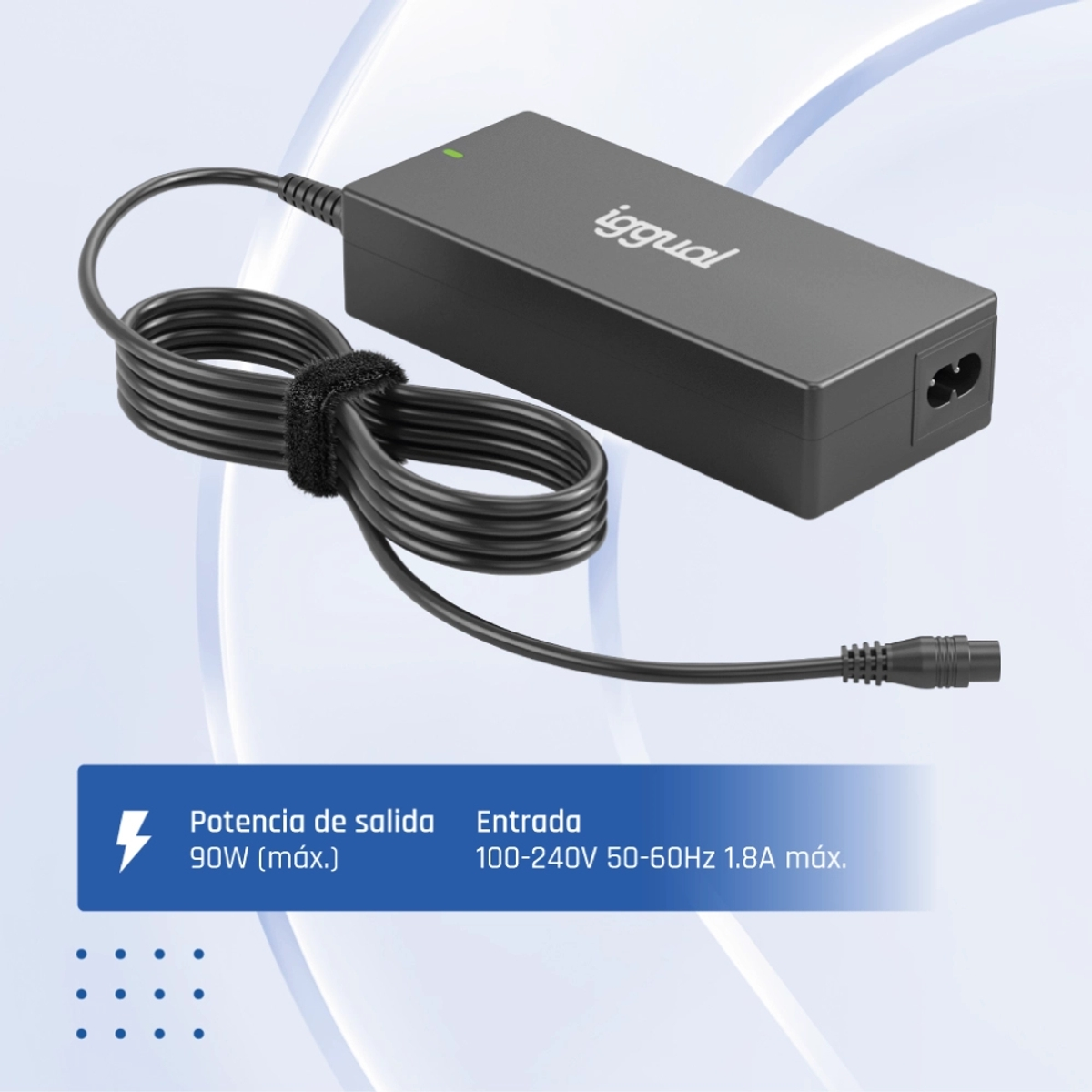Adaptador de corriente negro para portátil con cable. Salida 90W, entrada 100-240V.