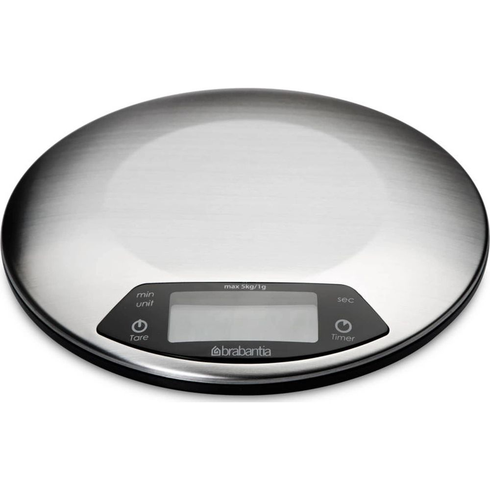 Una bilancia da cucina digitale argentata con schermo LCD e pulsanti.