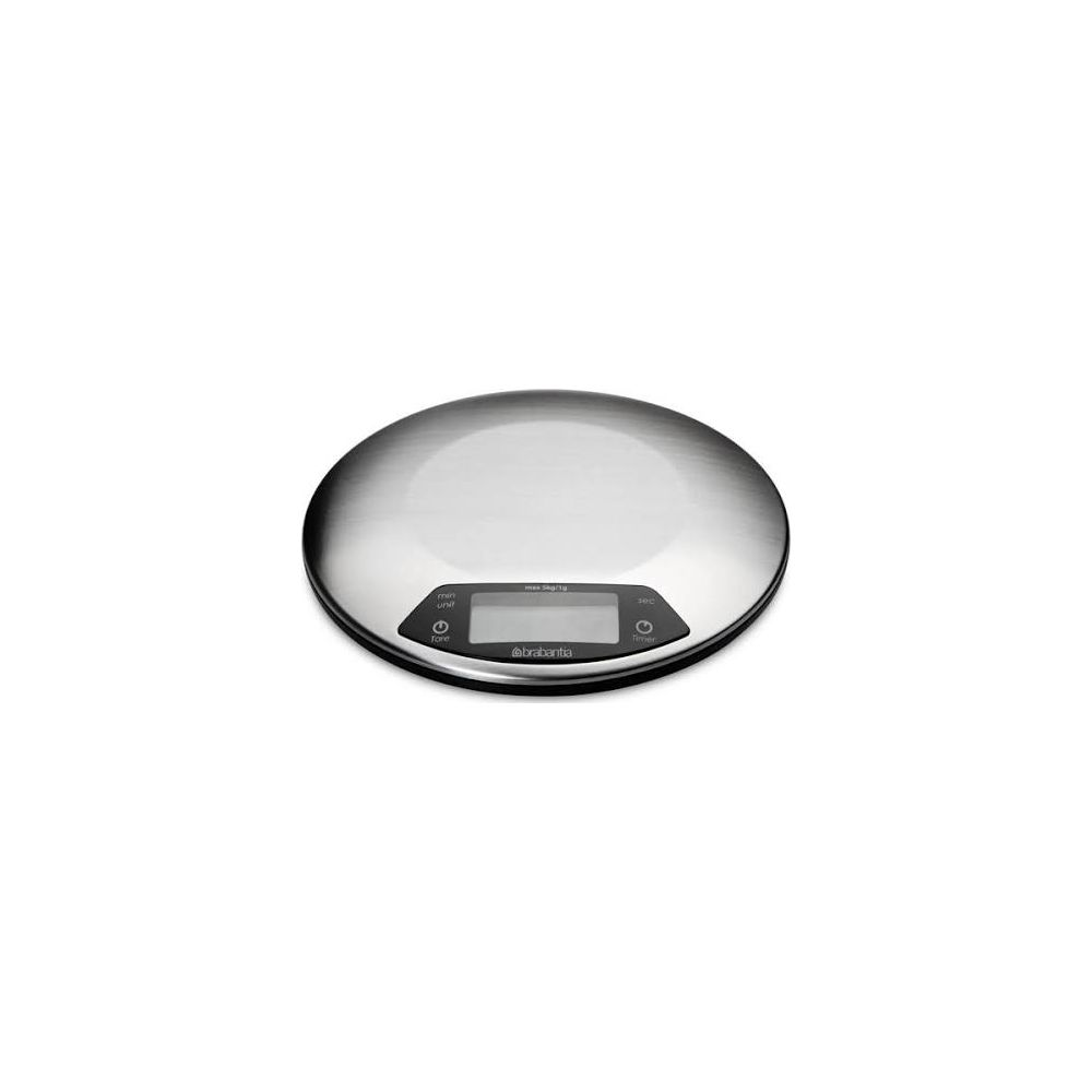 Bilancia da cucina digitale argentata dal design rotondo con display.