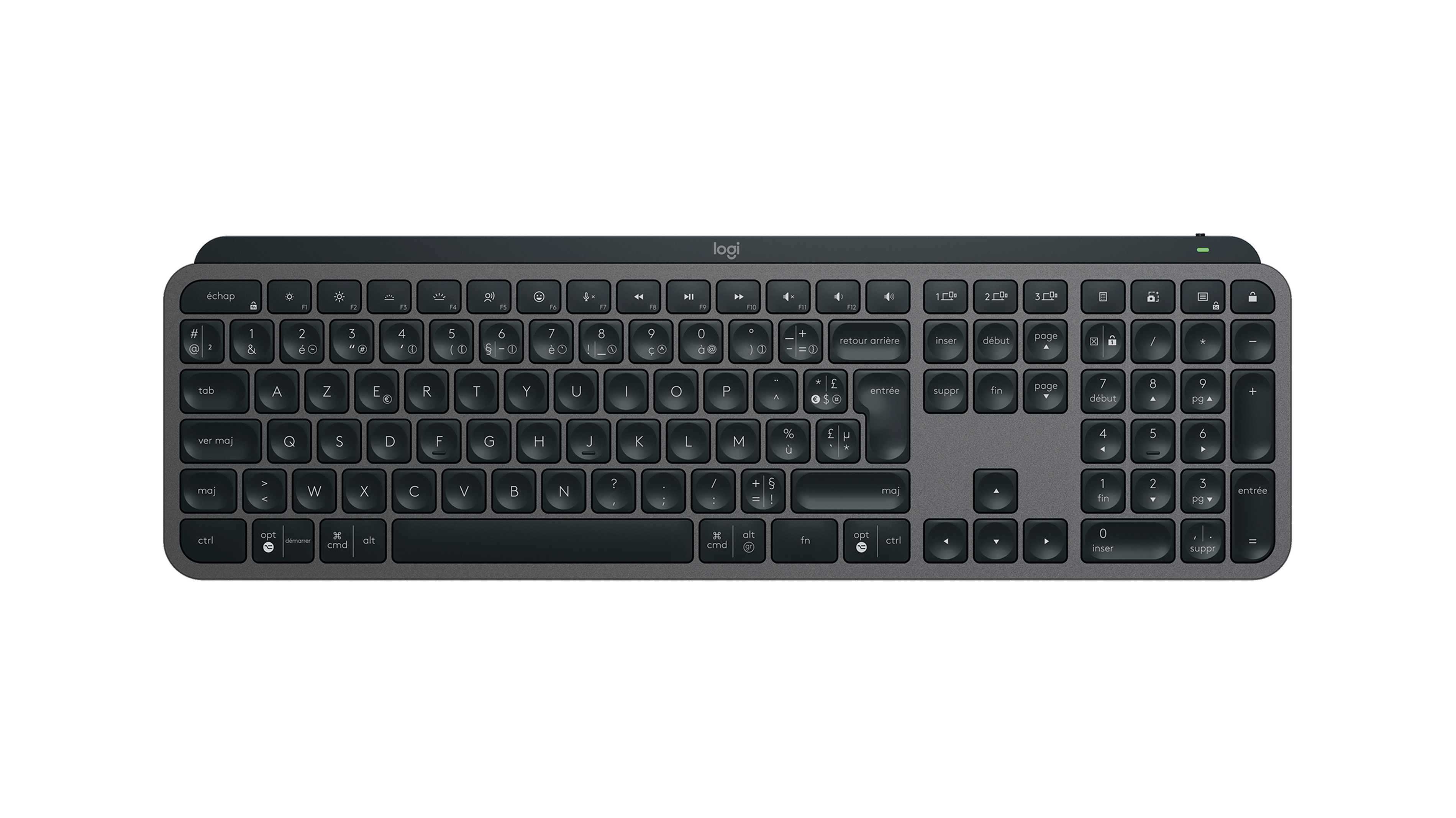 Ciemna klawiatura Logitech z podświetleniem na białym tle.
