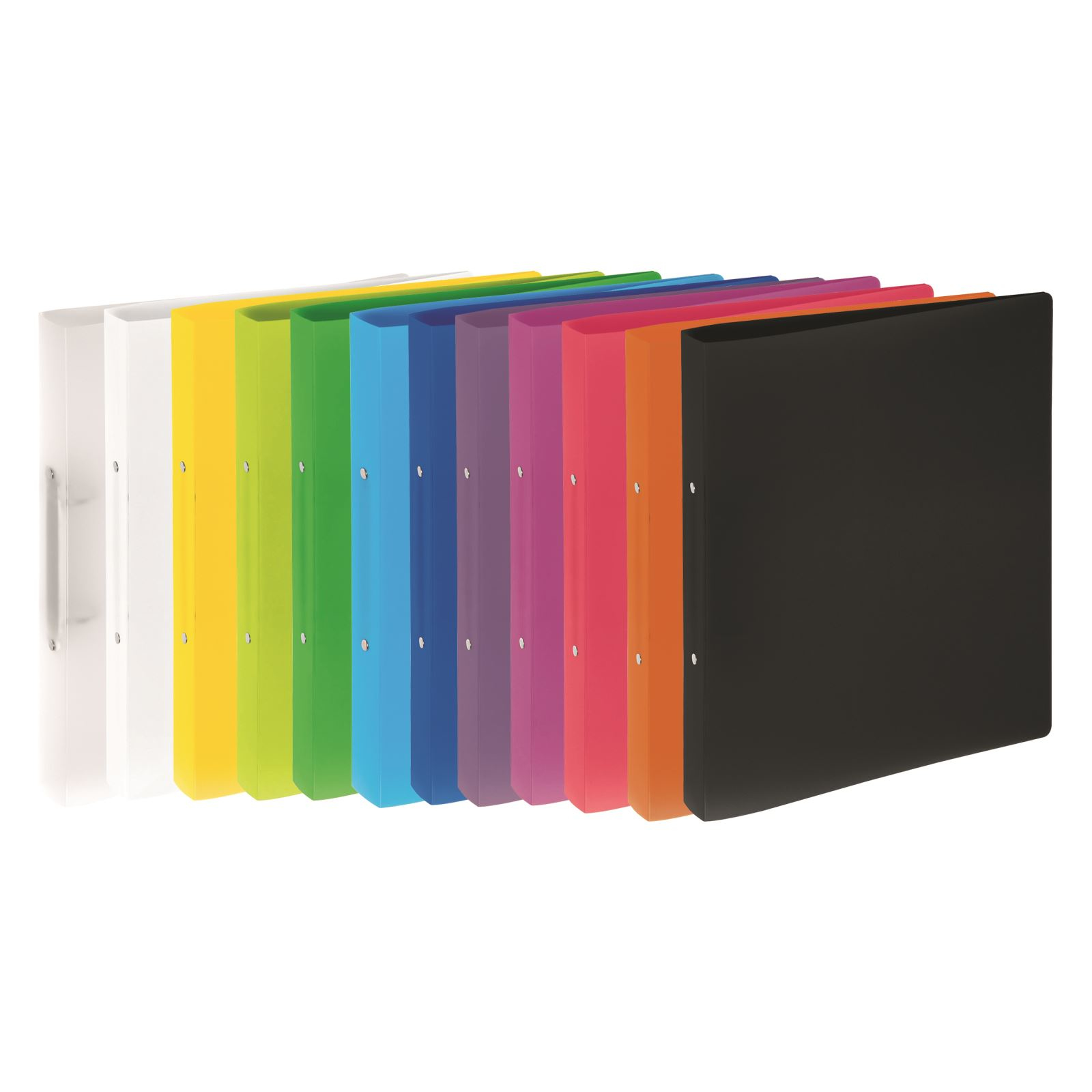 Reihe von bunten Ordnern: weiß, gelb, grün, blau, lila, pink, orange, schwarz.