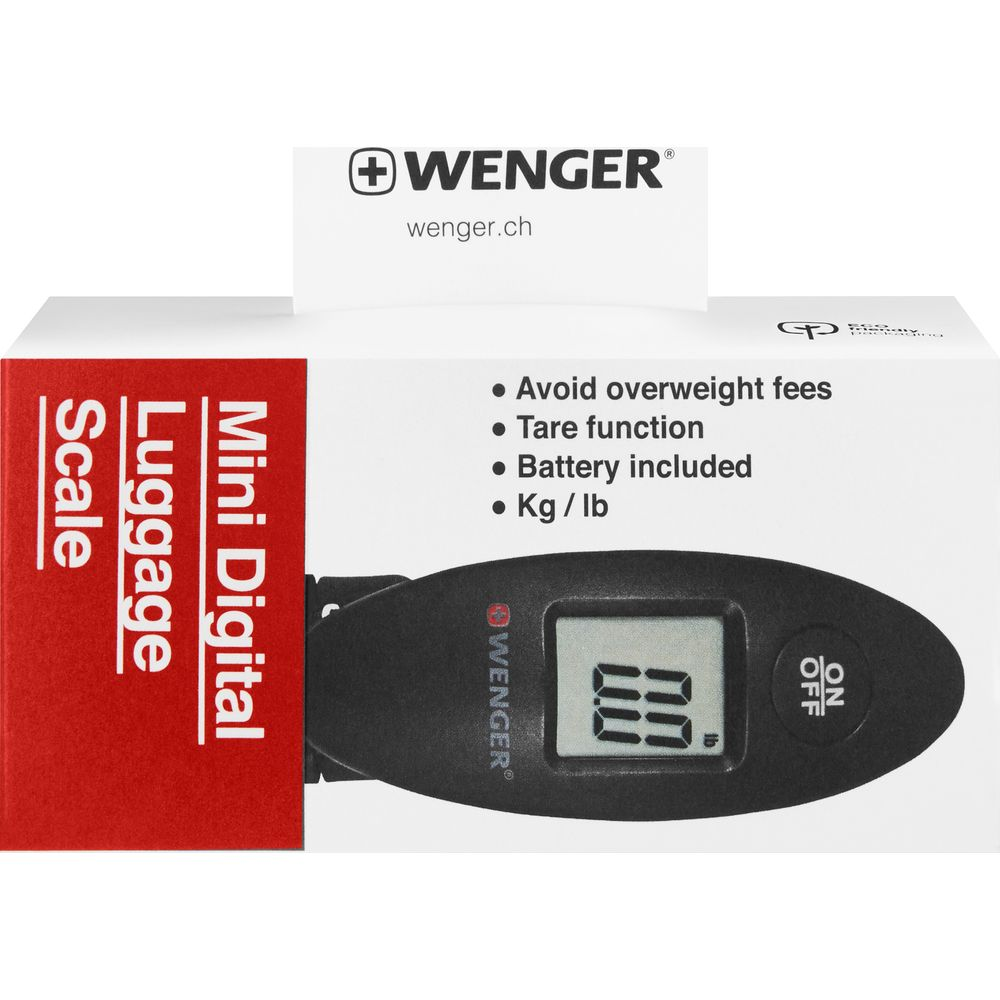 Bilancia digitale nera per bagagli Wenger con schermo LCD e funzioni.