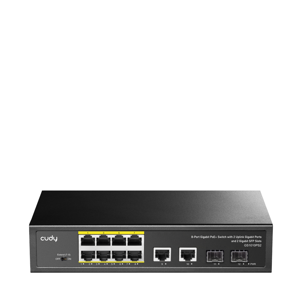 Czarny switch PoE+ Gigabit 8-portowy z 2 portami uplink i 2 slotami SFP.