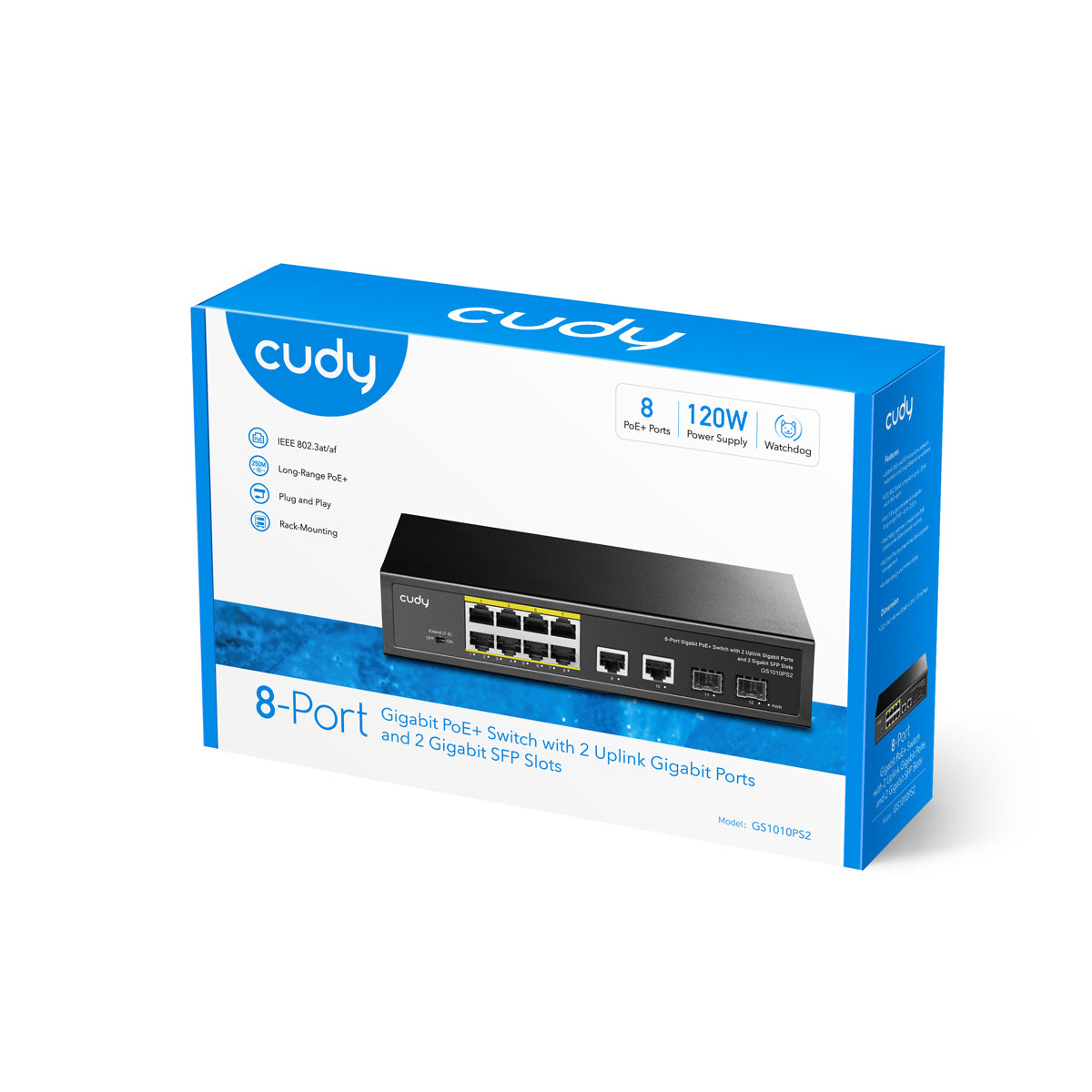 Przełącznik Cudy Gigabit PoE+ 8-portowy z 2 portami Uplink i 2 slotami SFP.