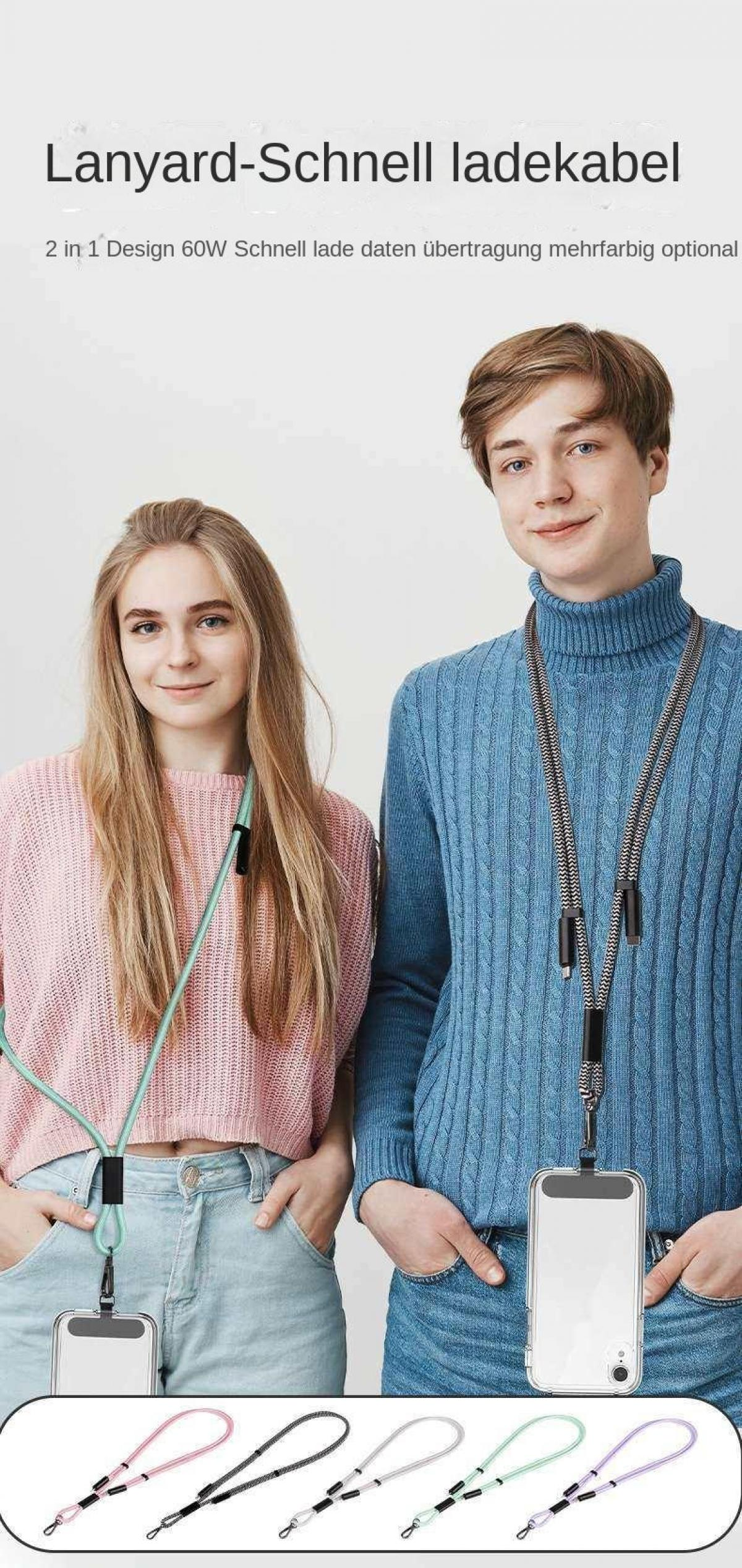 Zwei junge Leute mit Lanyards; unten sind verschiedene Farben aufgeführt.