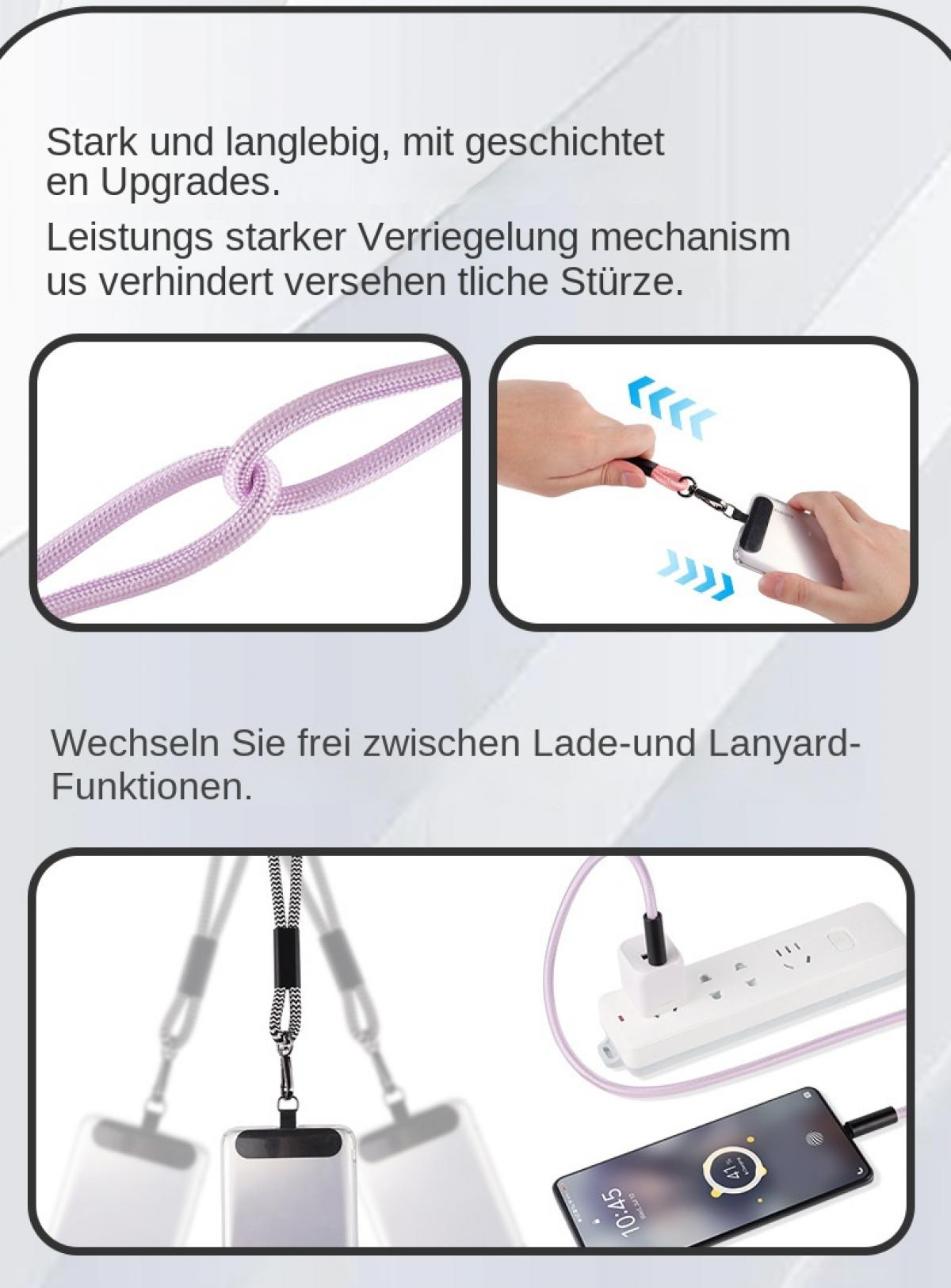 Ein lila Band ist verknotet. Eine Hand befestigt ein Band an einem Handy. Mehrere Handys tragen Lanyards.
