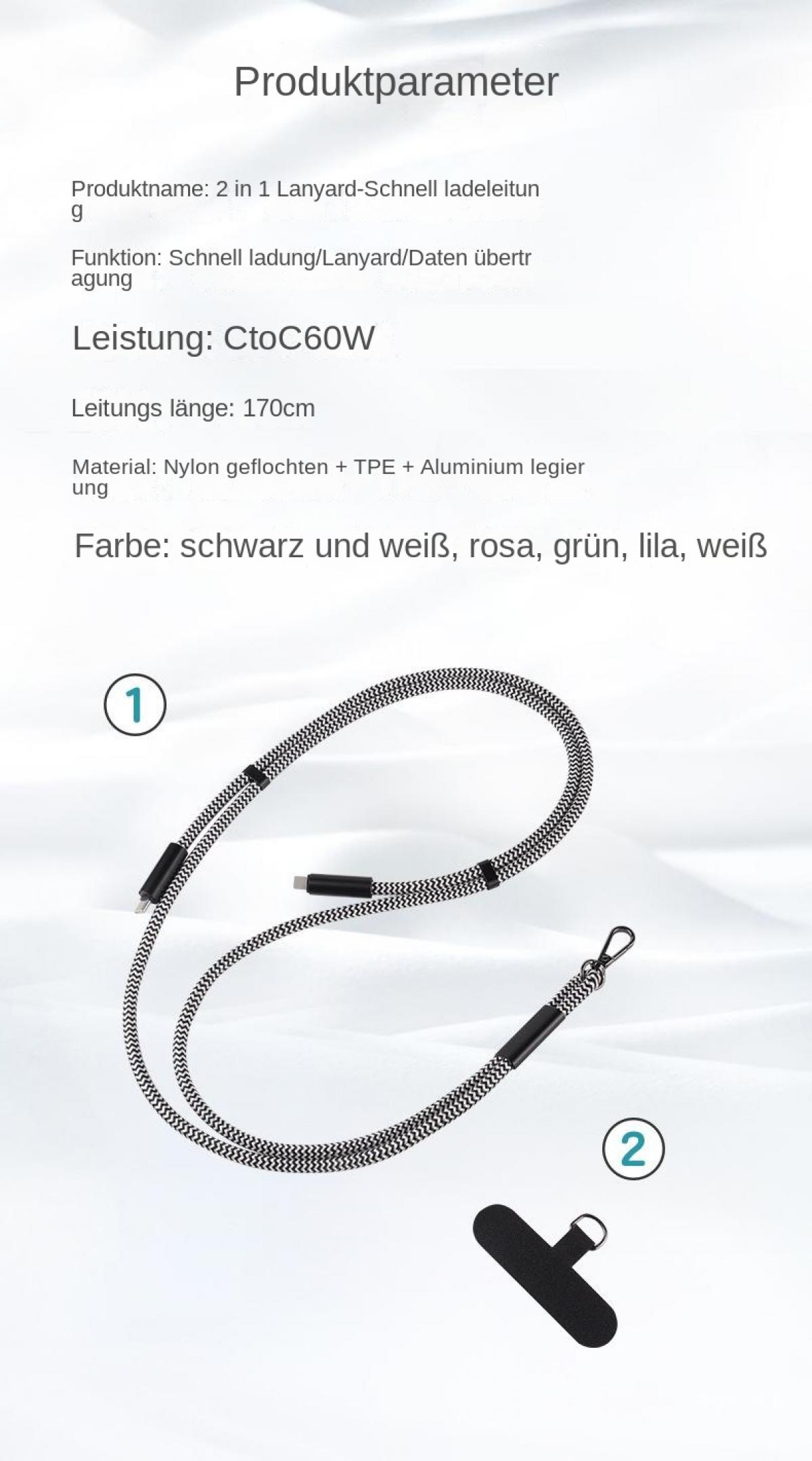 Schwarz-weiß gemustertes Lanyard-Kabel mit USB-C-Anschluss und Handyhalterung.