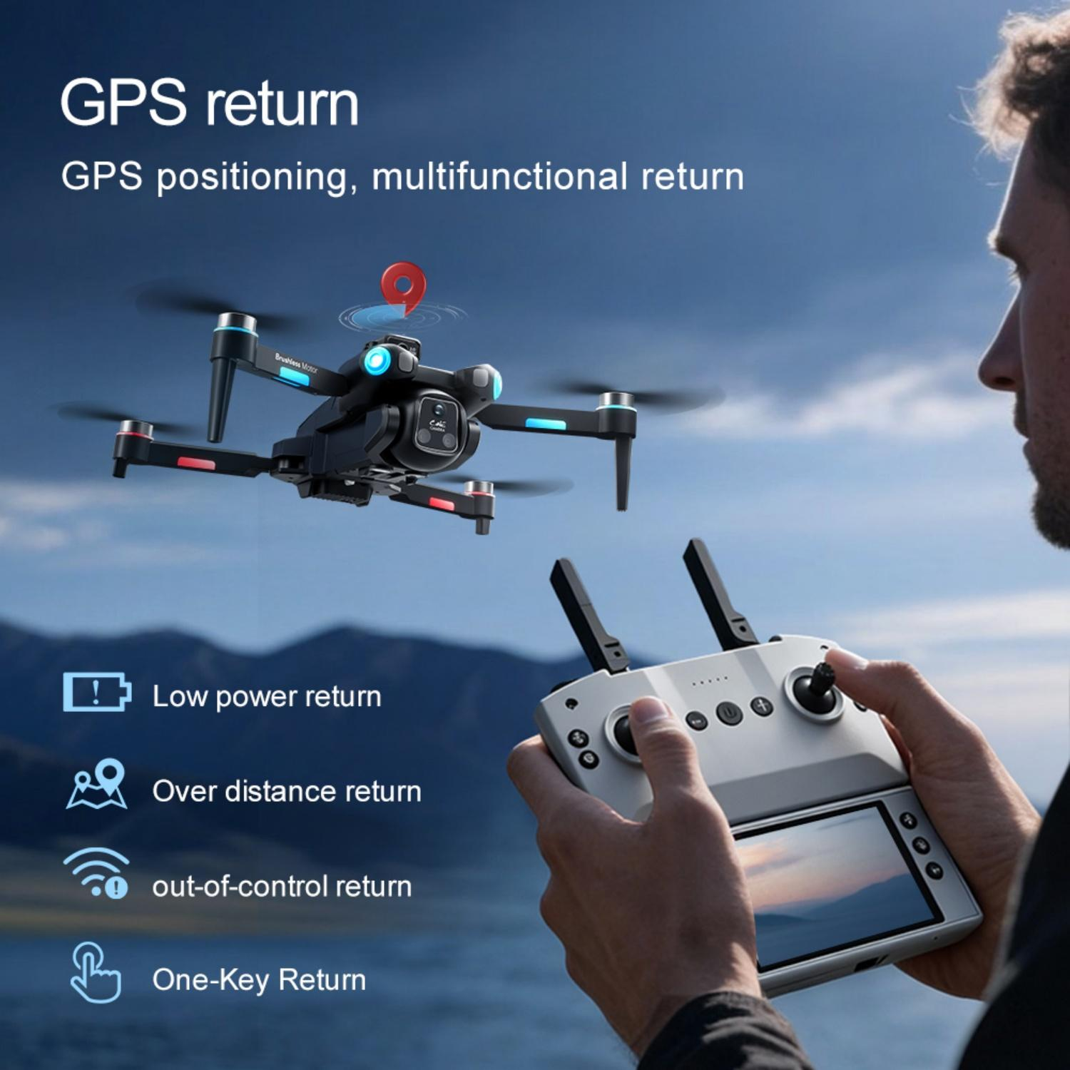 Drohne mit GPS-Rückkehrfunktion und Fernbedienung in der Hand eines Mannes.