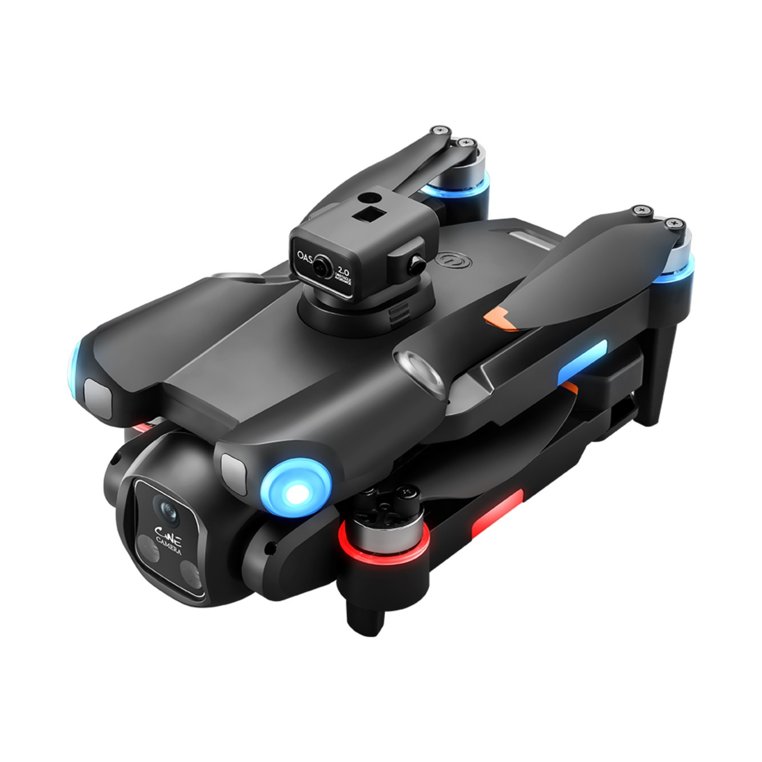 Ein schwarzer faltbarer Drohne mit blauen und roten LED-Lichtern.