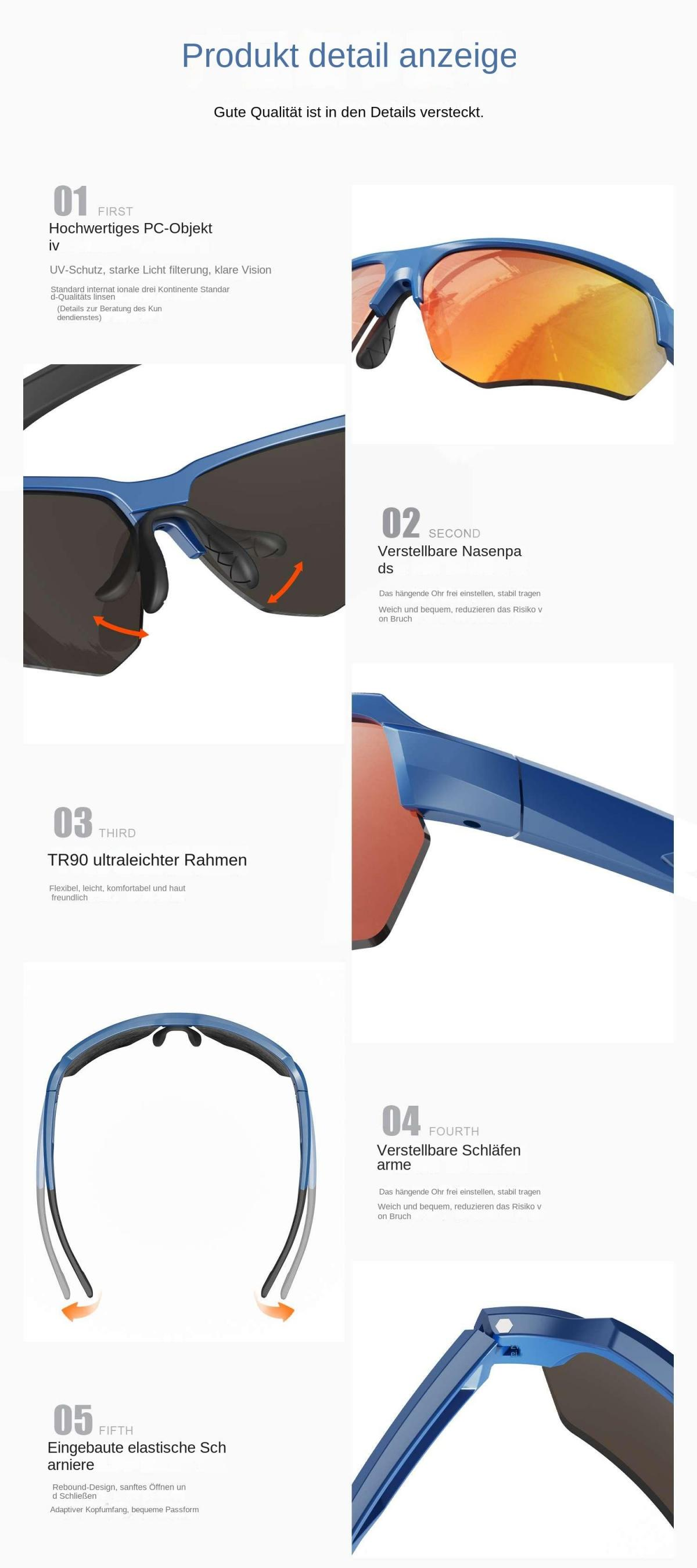 Produktanzeige: Blaue Sonnenbrille mit orange verspiegelten Gläsern, verstellbare Nasenpads.