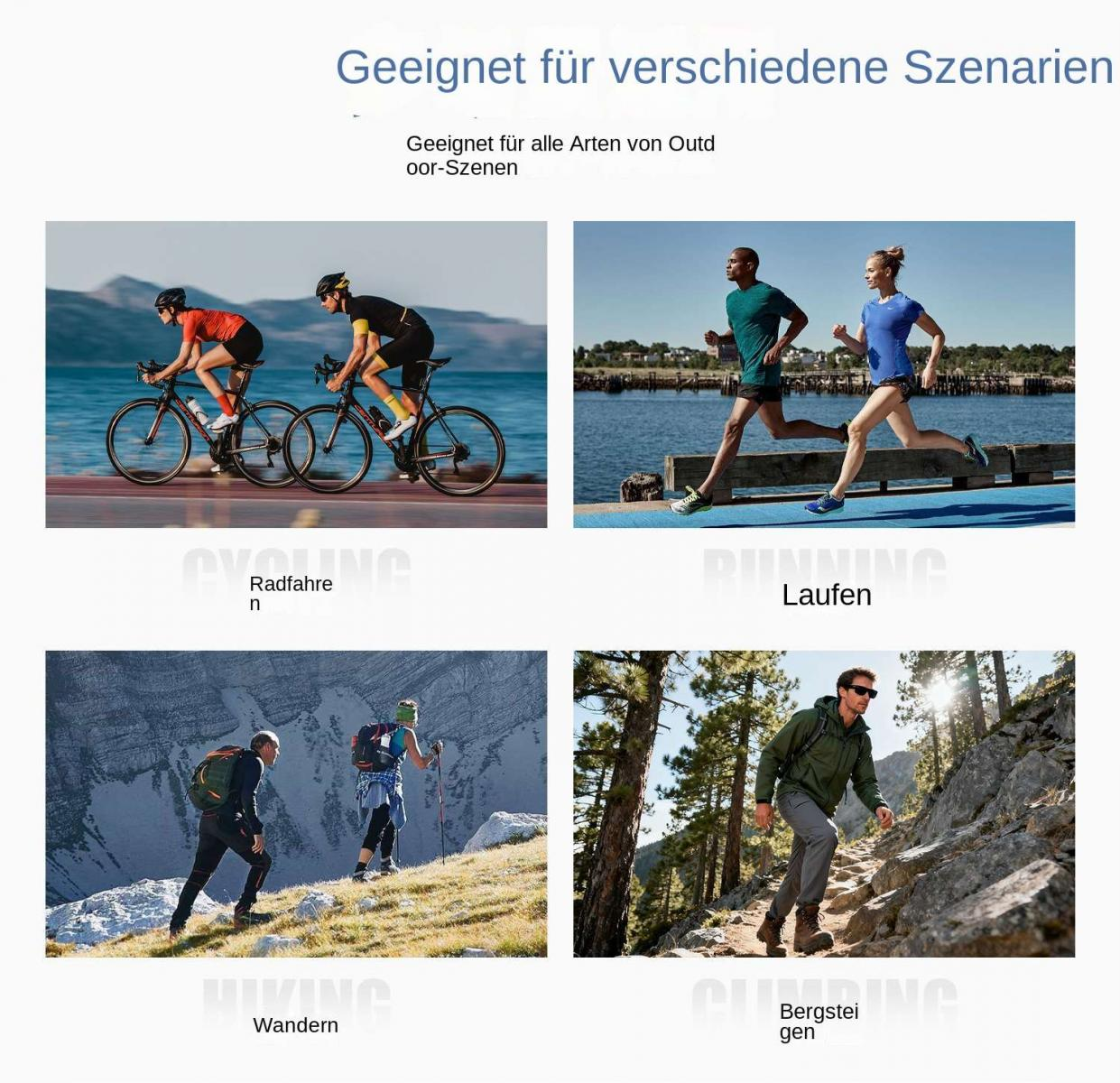 Vier Szenen: Radfahren, Laufen, Wandern, Bergsteigen.