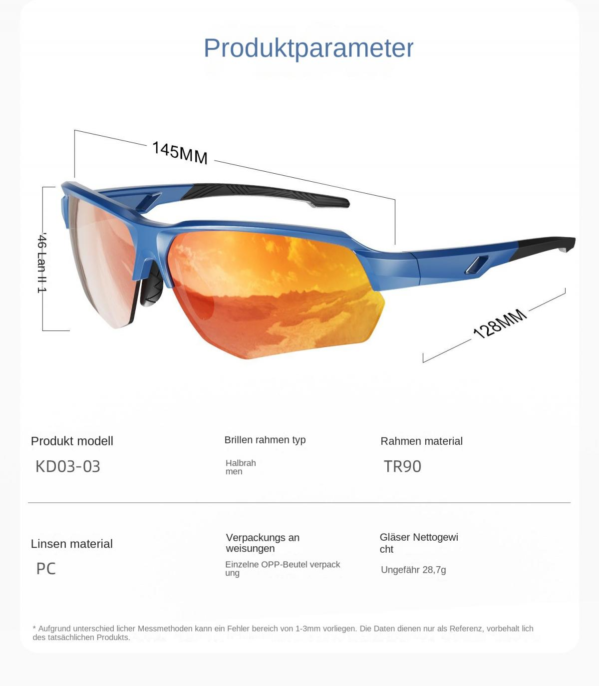 Blaue Sportbrille mit orangen Gläsern, Maße 145MM und 128MM.