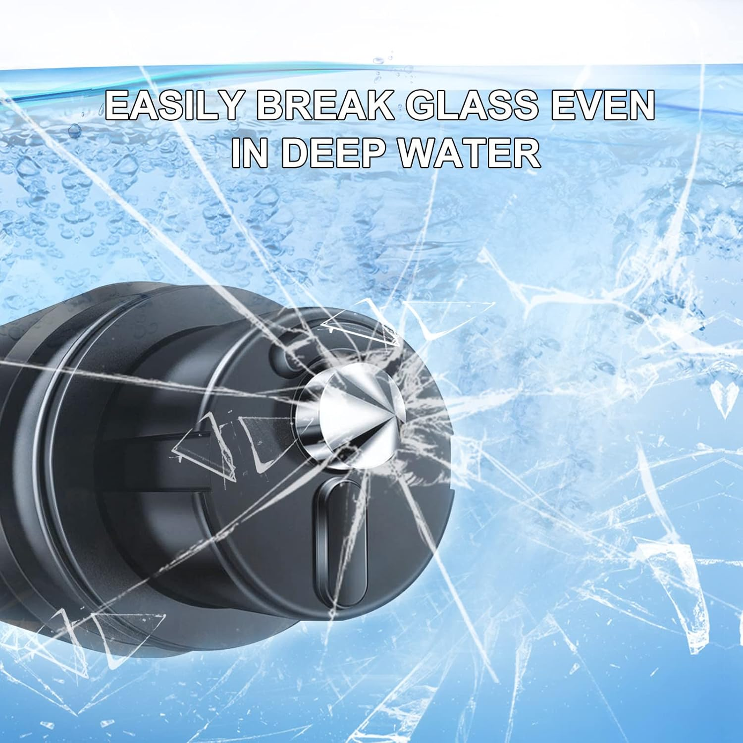 Ein schwarzes Werkzeug mit Metallspitze bricht durch zerbrochenes Glas im blauen Wasser.