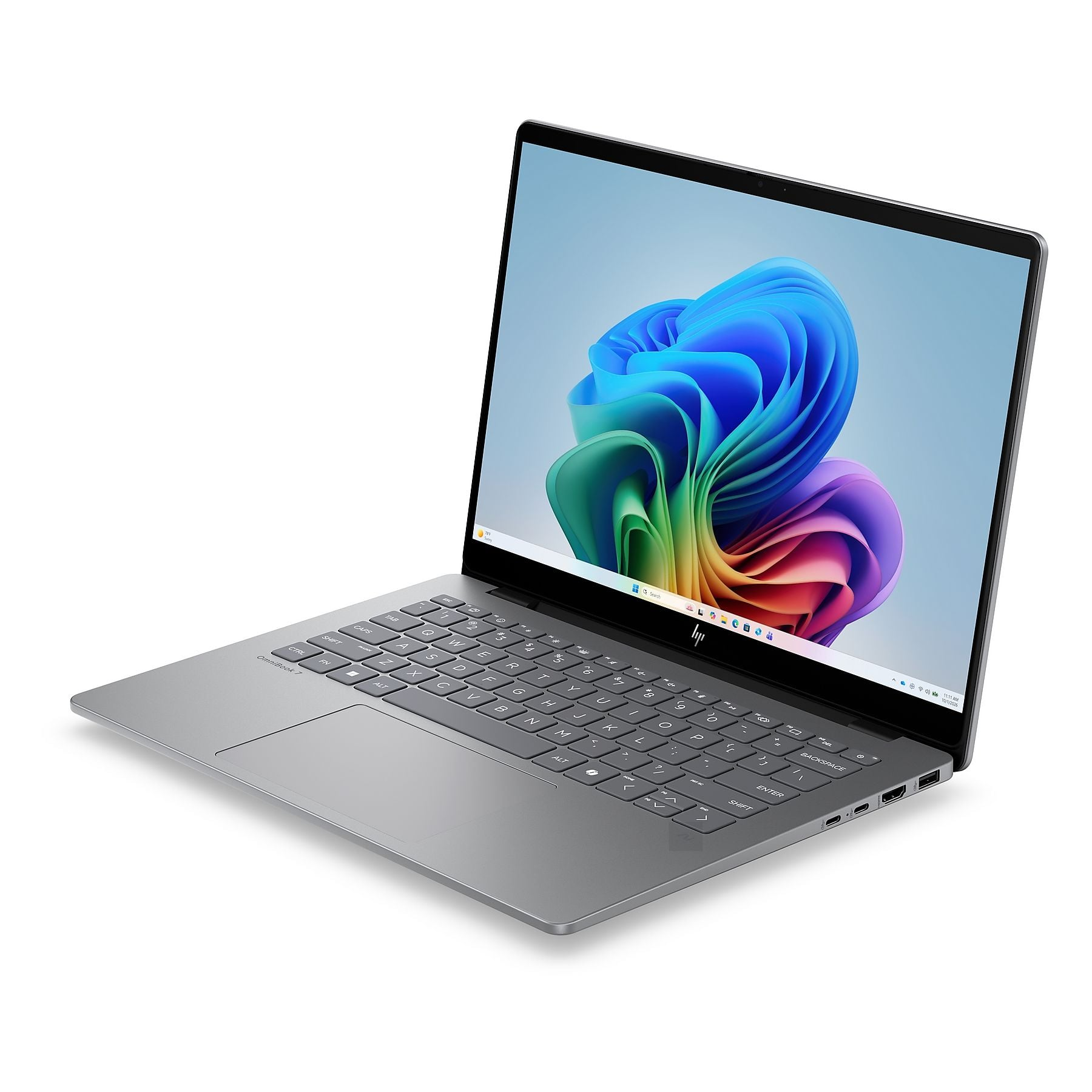 Un laptop d'argento con uno sfondo colorato sullo schermo.