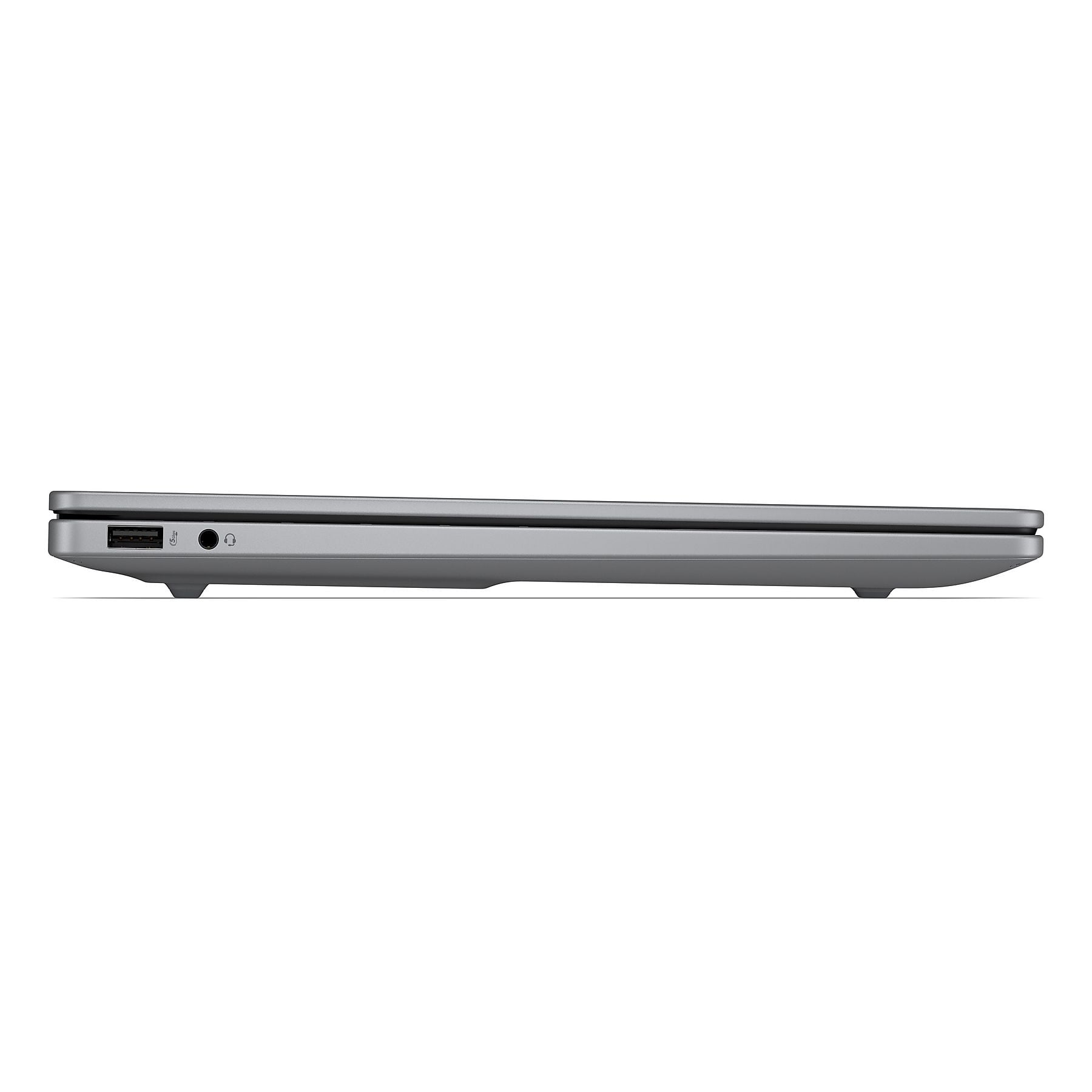 Lato di un laptop argento con porta USB e cuffie.