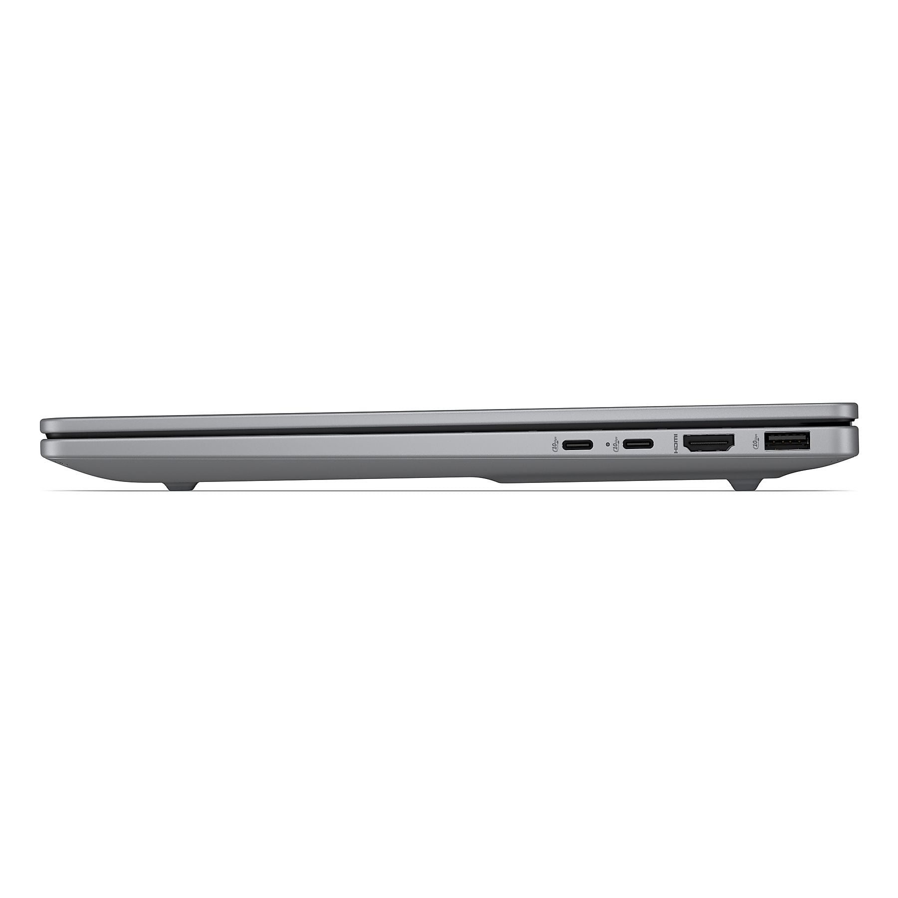 Vista laterale di un laptop grigio con porte USB-C, HDMI e USB-A.