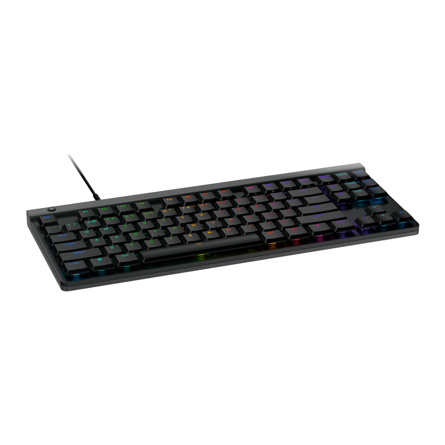 Czarna klawiatura z podświetlanymi klawiszami RGB, białe tło.