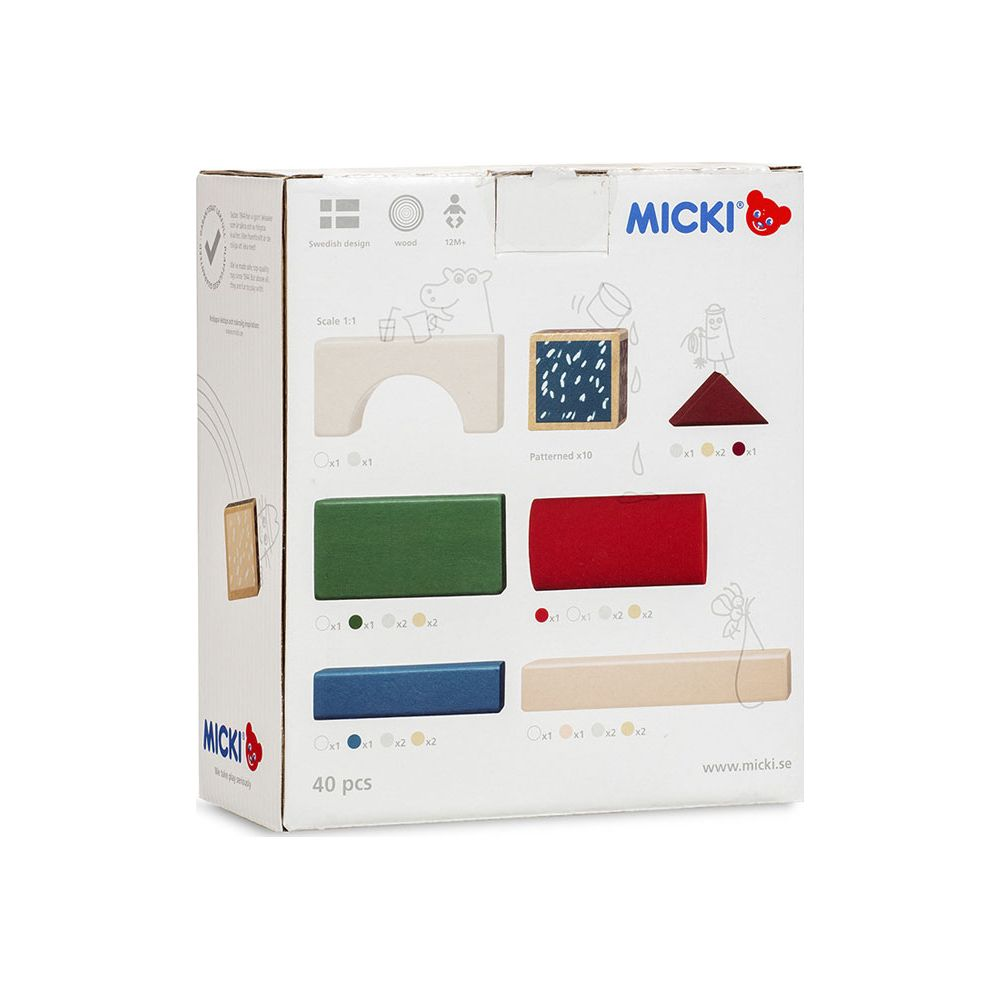 Micki Holzbausteine-Verpackung zeigt 40 Teile in verschiedenen Formen und Farben.