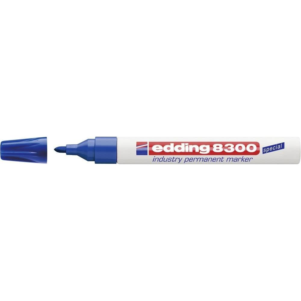 Ein blauer Edding 8300 Spezial Permanentmarker mit Kappe daneben.