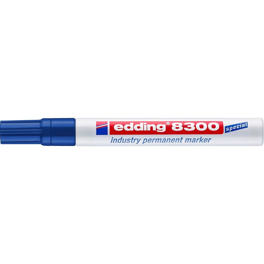 Ein blauer Edding 8300 Industrie Permanent Marker auf weißem Hintergrund.