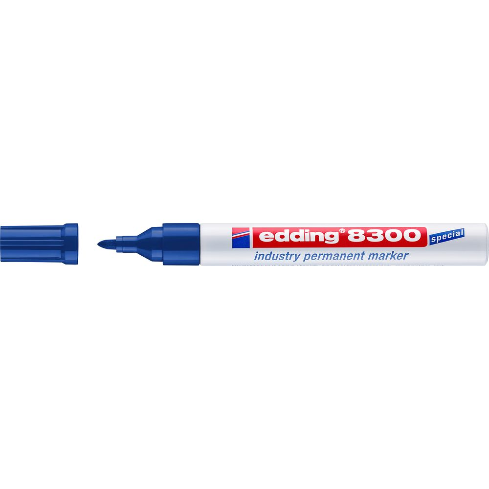 Ein blauer Edding 8300 Spezial Permanentmarker mit aufgesetztem Deckel.