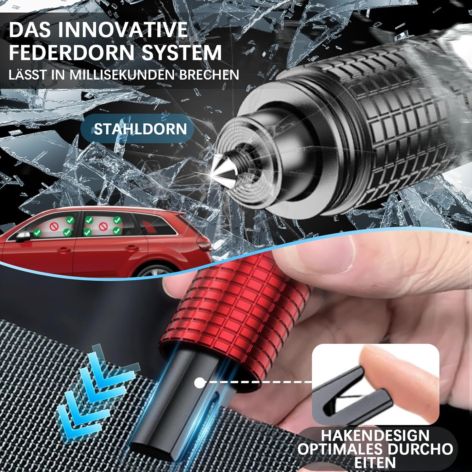 Ein innovatives Federsystem mit Stahlspitze bricht Glas. Ein rotes Auto und ein Werkzeug werden gezeigt.