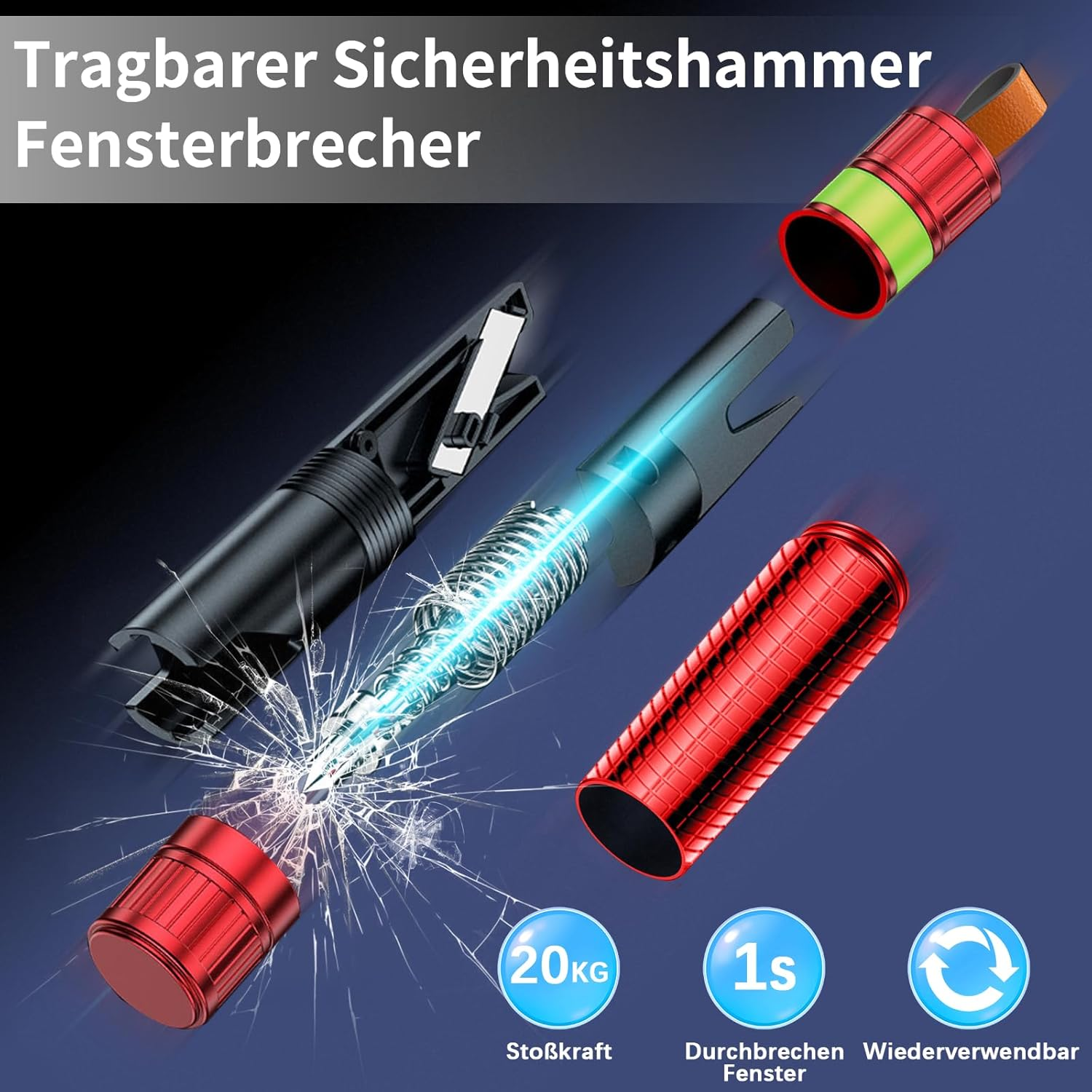 Tragbarer Sicherheits-Fensterbrecher mit 20kg Stoßkraft, zerbricht Fenster in 1s.