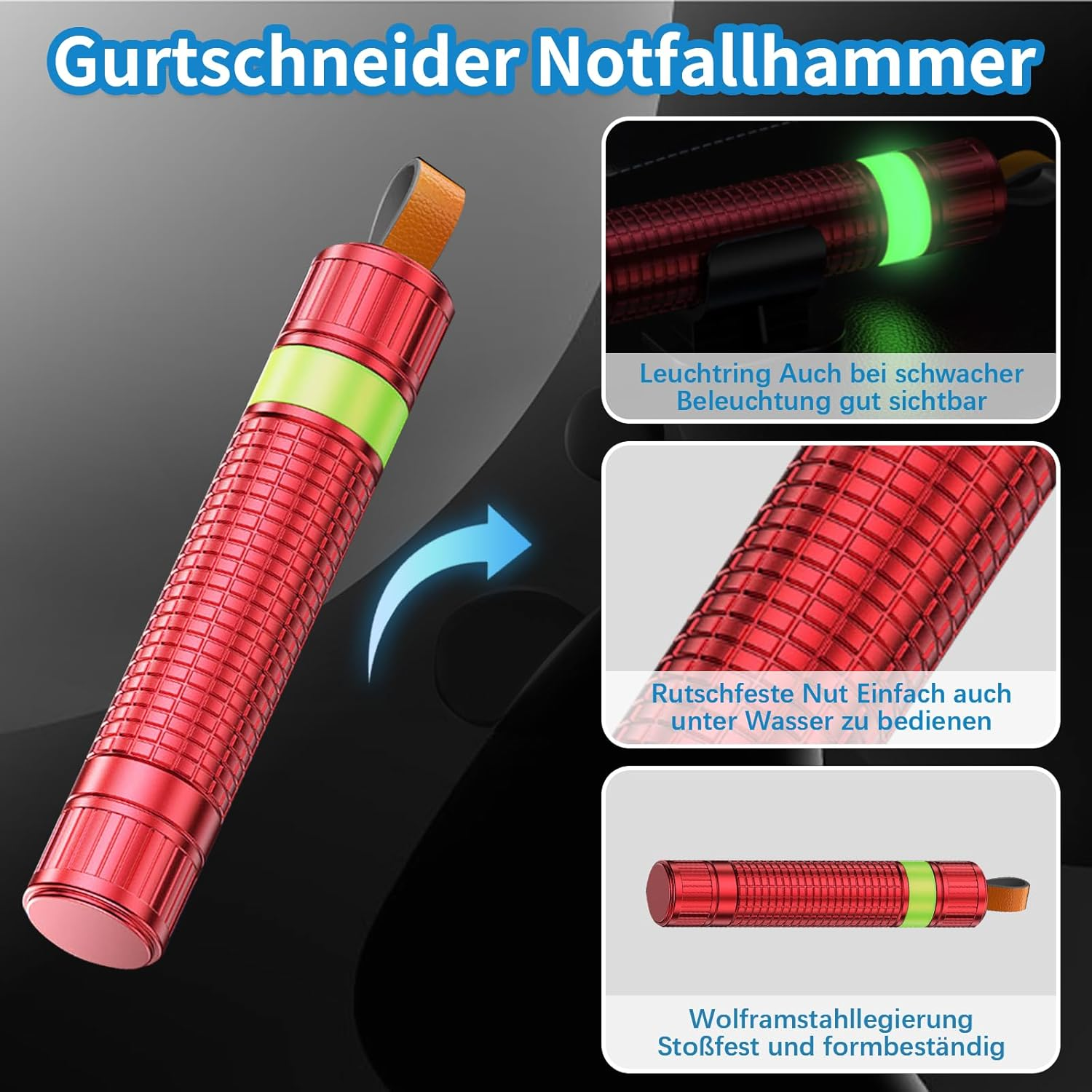 Ein roter Gurtschneider-Notfallhammer mit leuchtendem Band und Lanyard.