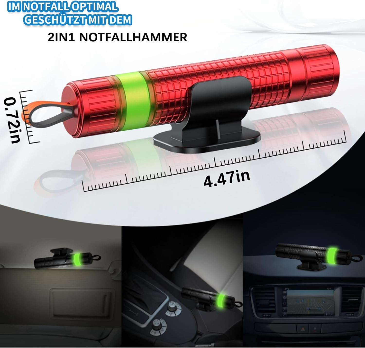 Roter 2-in-1 Notfallhammer mit grünem Leuchtband, 18,28 cm lang.