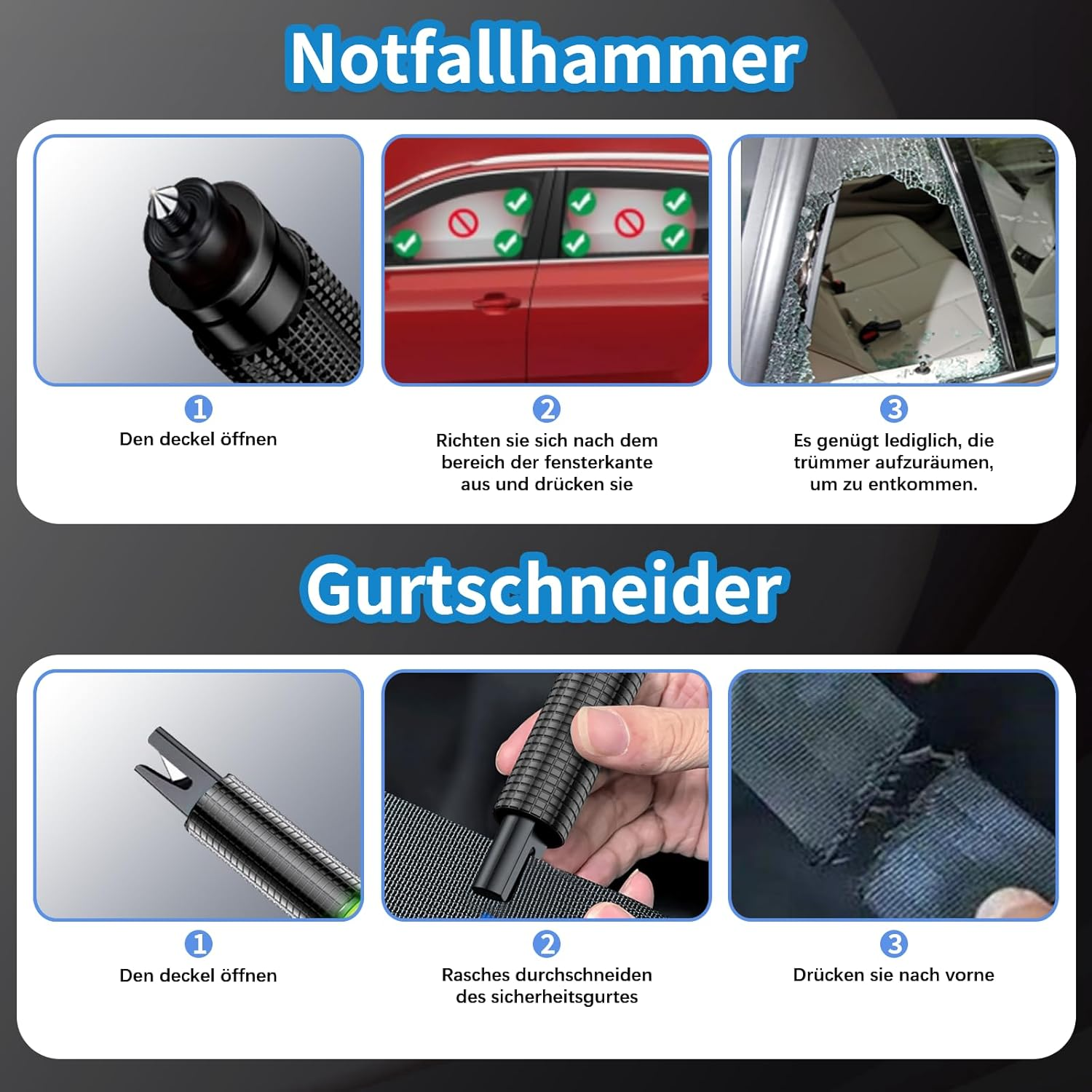 Anleitung für Notfallhammer und Gurtschneider mit Bildern und Text.