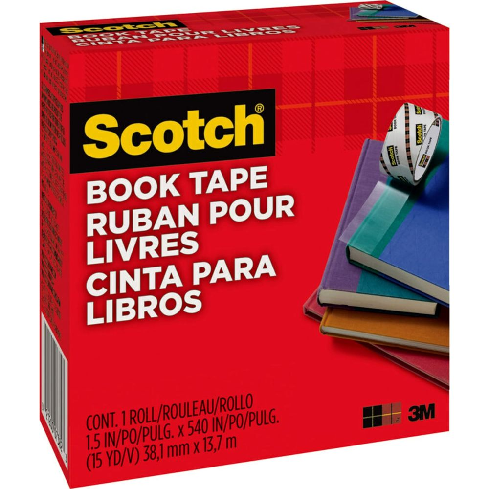 Packung Scotch Buchklebeband, rot mit kariertem Muster. Zeigt Bücher und Klebebandrolle.